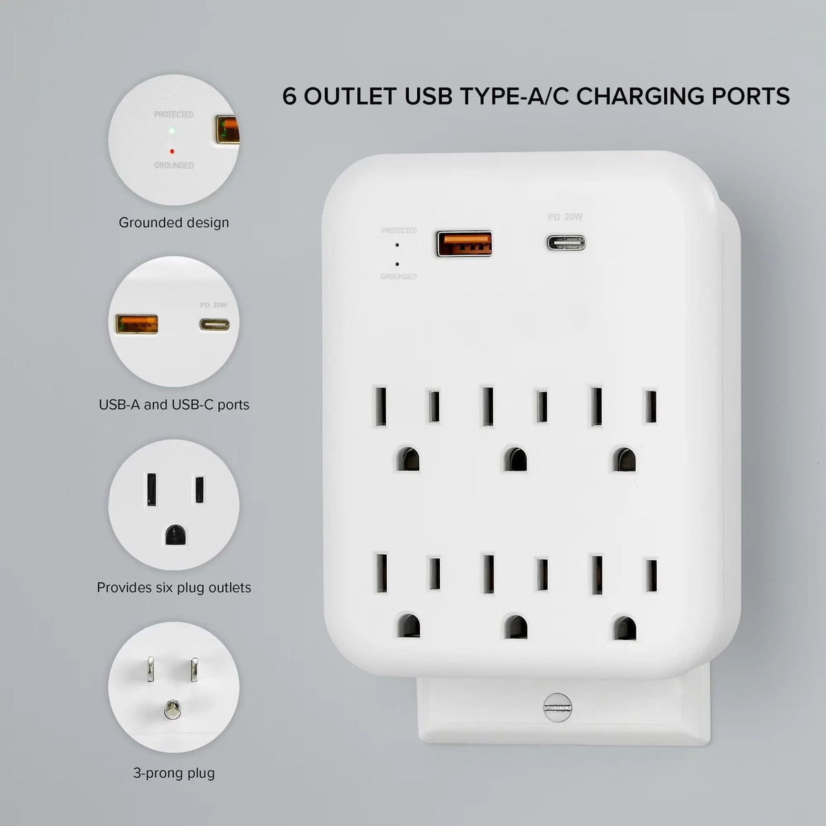 Brookstone 6 Outlets w/ Type C and USB A Surge Protector - White