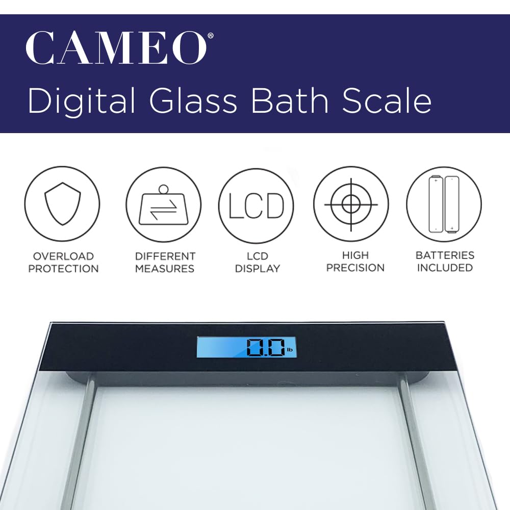 CAMEO Bathroom Body Scale with a Large LCD Backlight Display and Tempered Glass, Batteries Included, 400lbs (Black)