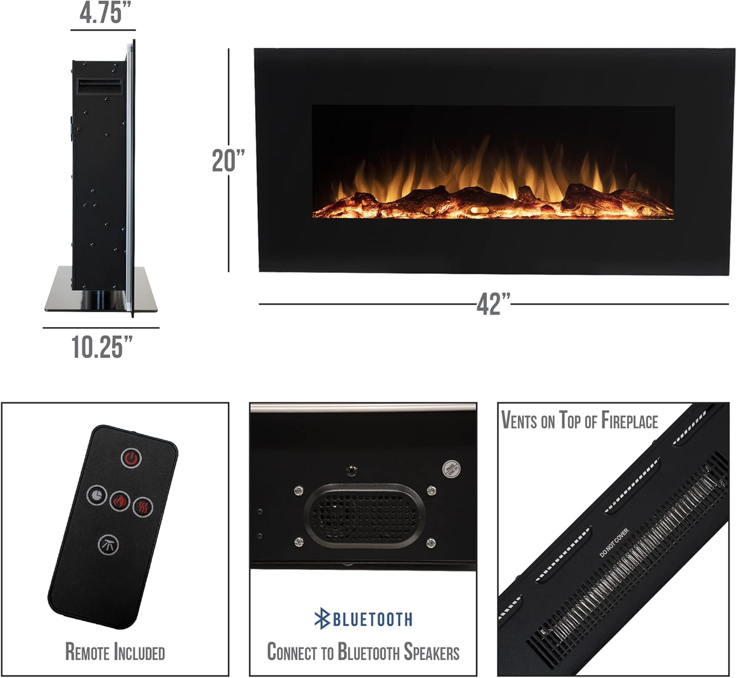 Eden Branch Heating Wall Mounted & Stand, with Bluetooth Speaker, Crystals/Log Flame Effect, Black - 42