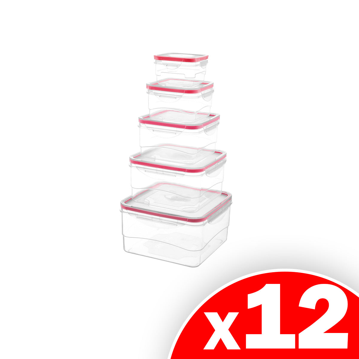 10-Piece Square Locktops Container Set: 120ml, 400ml, 740ml, 1290ml, 2060ml, Red, 12 Pack