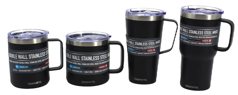 GRAPHYTE Double Wall Vacuum Insulated Stainless Steel Mugs with Handle and Slider Lid, Assorted Colors and Sizes