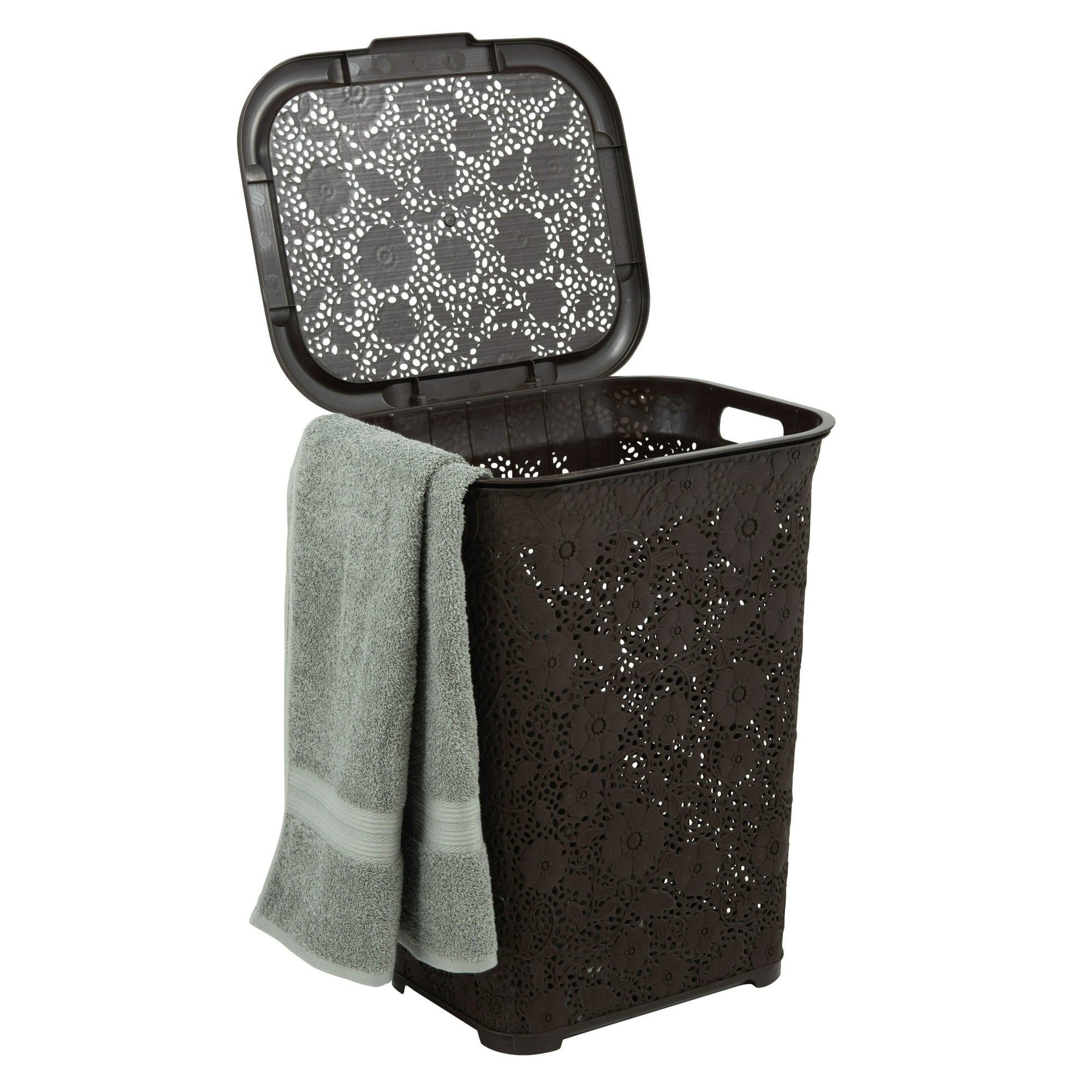 Superio 50L Large Capacity Plastic Laundry Hamper with Lid, Lace, Brown