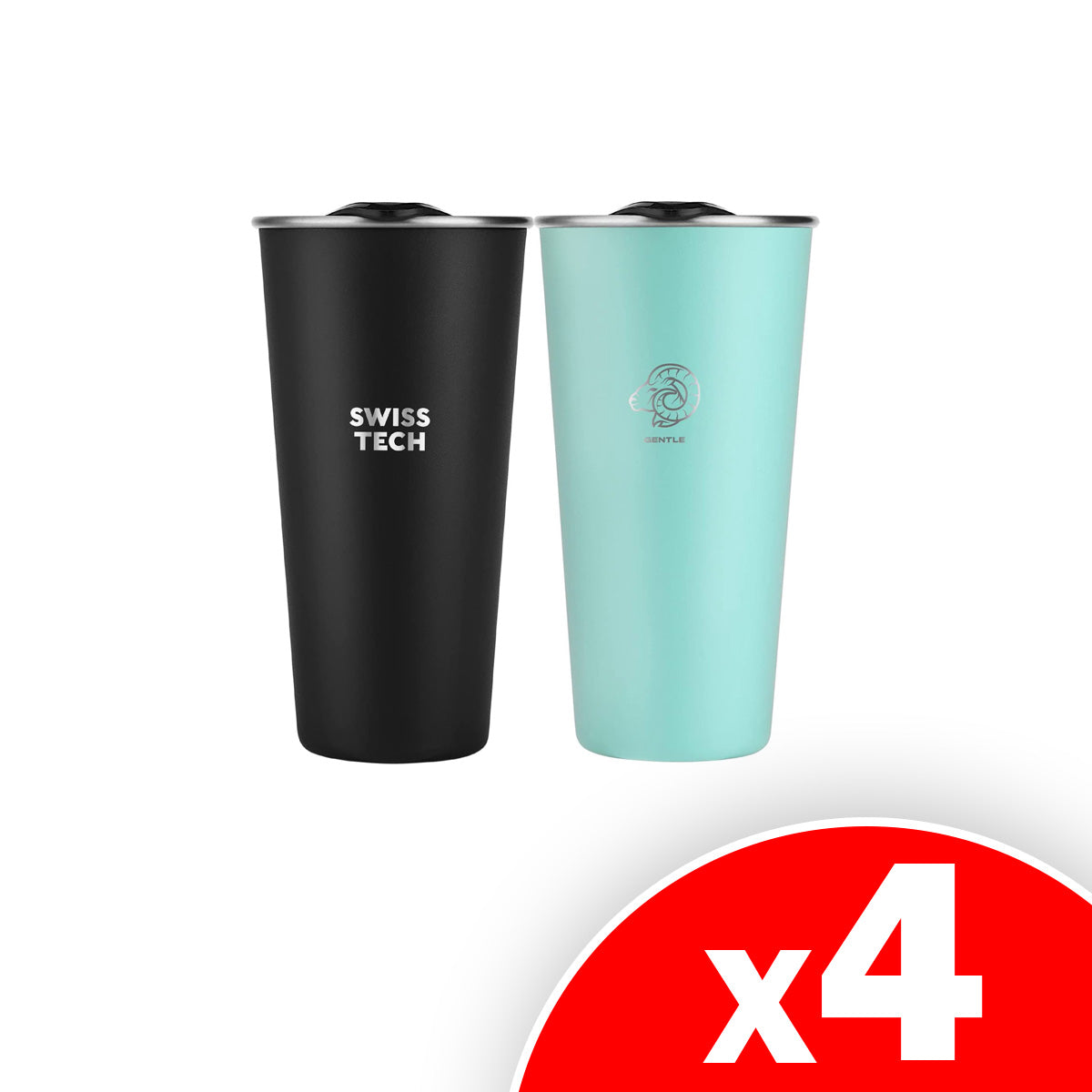 Swiss+Tech 16oz Stainless Steel Cups with lids, 4 Packs of 2