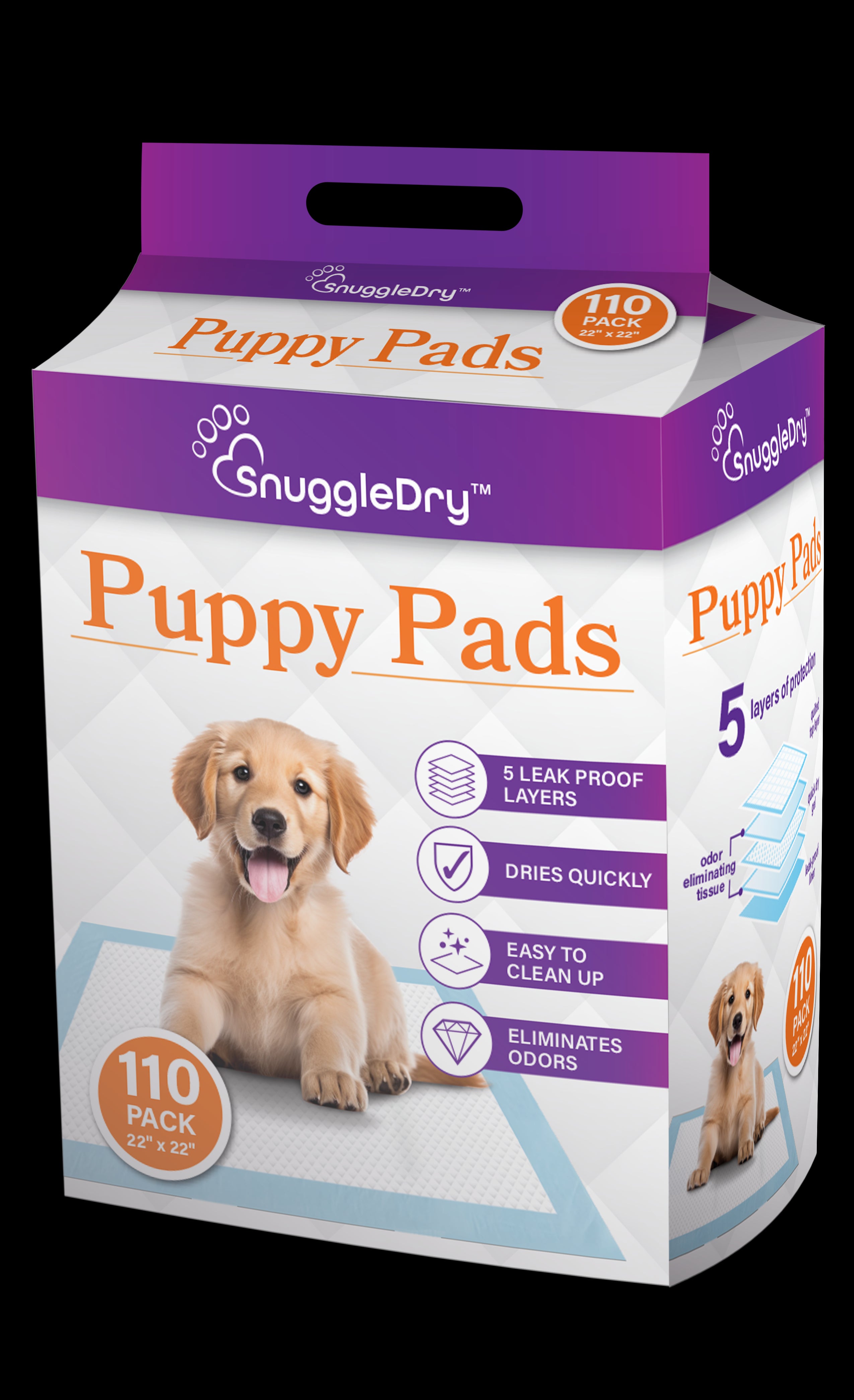 Snuggle Dry Puppy Training Pads with 5-Layer Leak-Proof Design and Quick-Dry Surface, Odor-Control Carbon, 22 x 22 Inch - Pack of 110