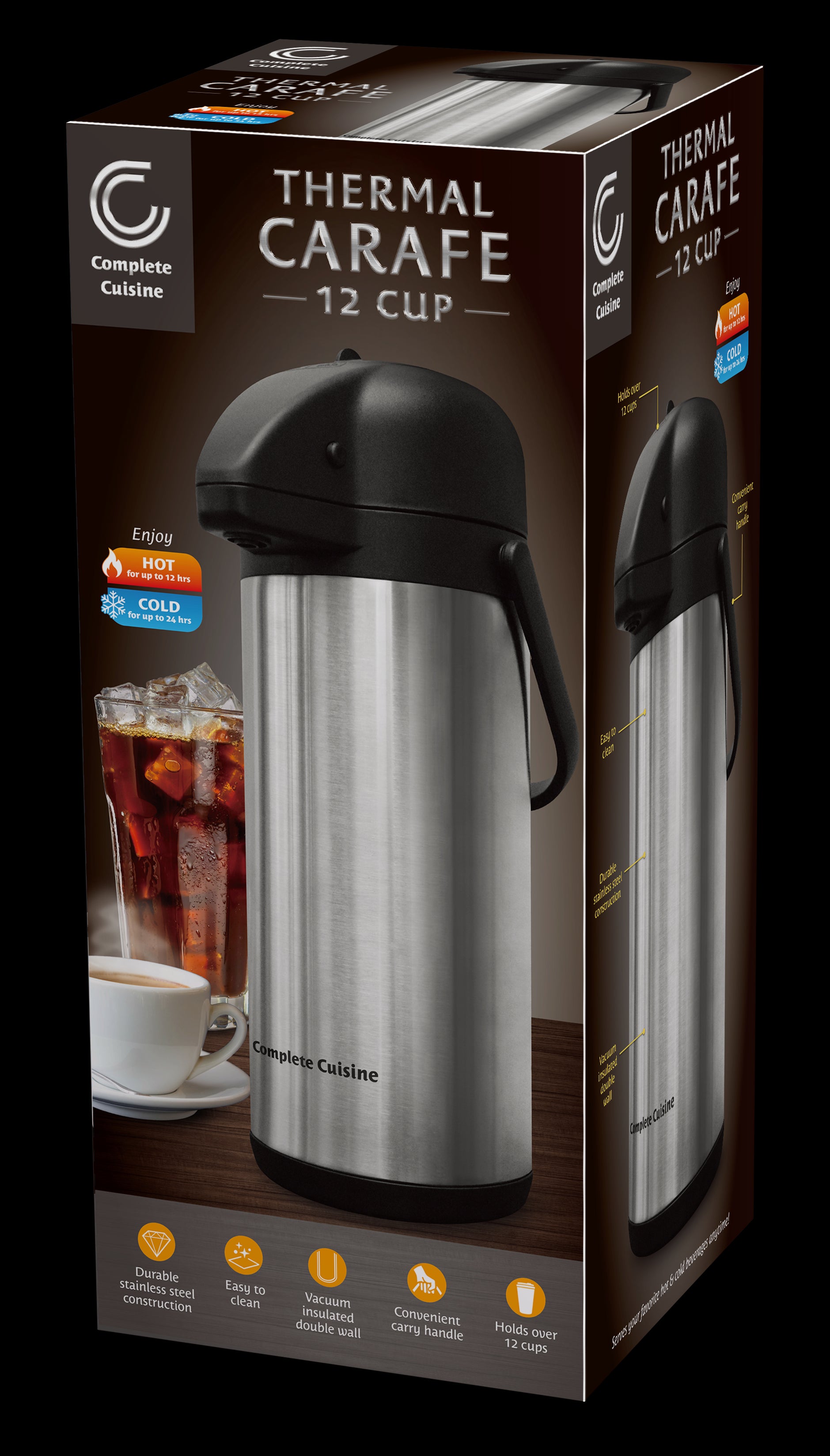 Carafe Thermal 3L Stainless Steel, Hot Water Dispenser for Coffee and Tea, 12 Hour Heat 24 Hour Cold Retention