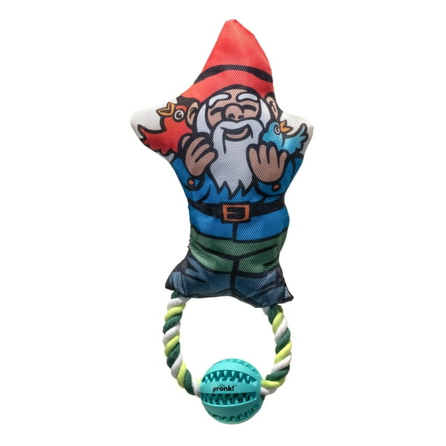 Pronk! Pets Garden Gnome Holding Bird 14-Inch Durable Soft Plush Squeaky Rope Dog Toy