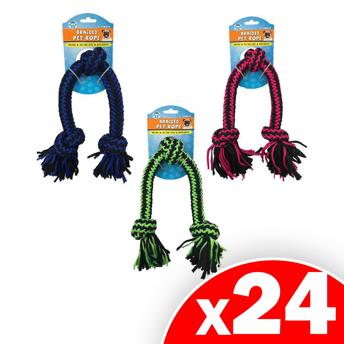 Braided Jersey Rope Toy 36" (Assorted Colors), 24 Pack
