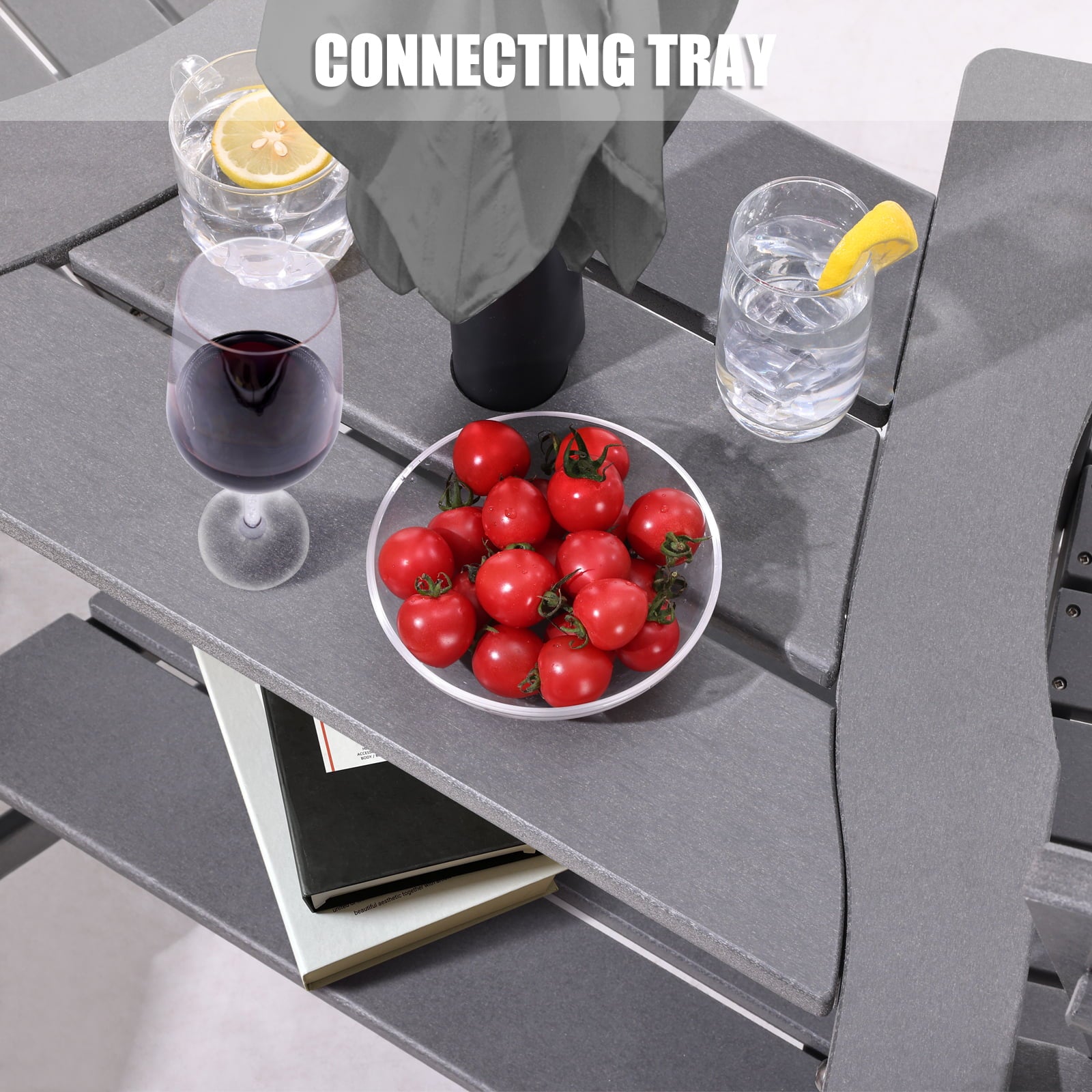 Set of 2 Tall Adirondack Chairs with Connecting Double Tables, Umbrella capable