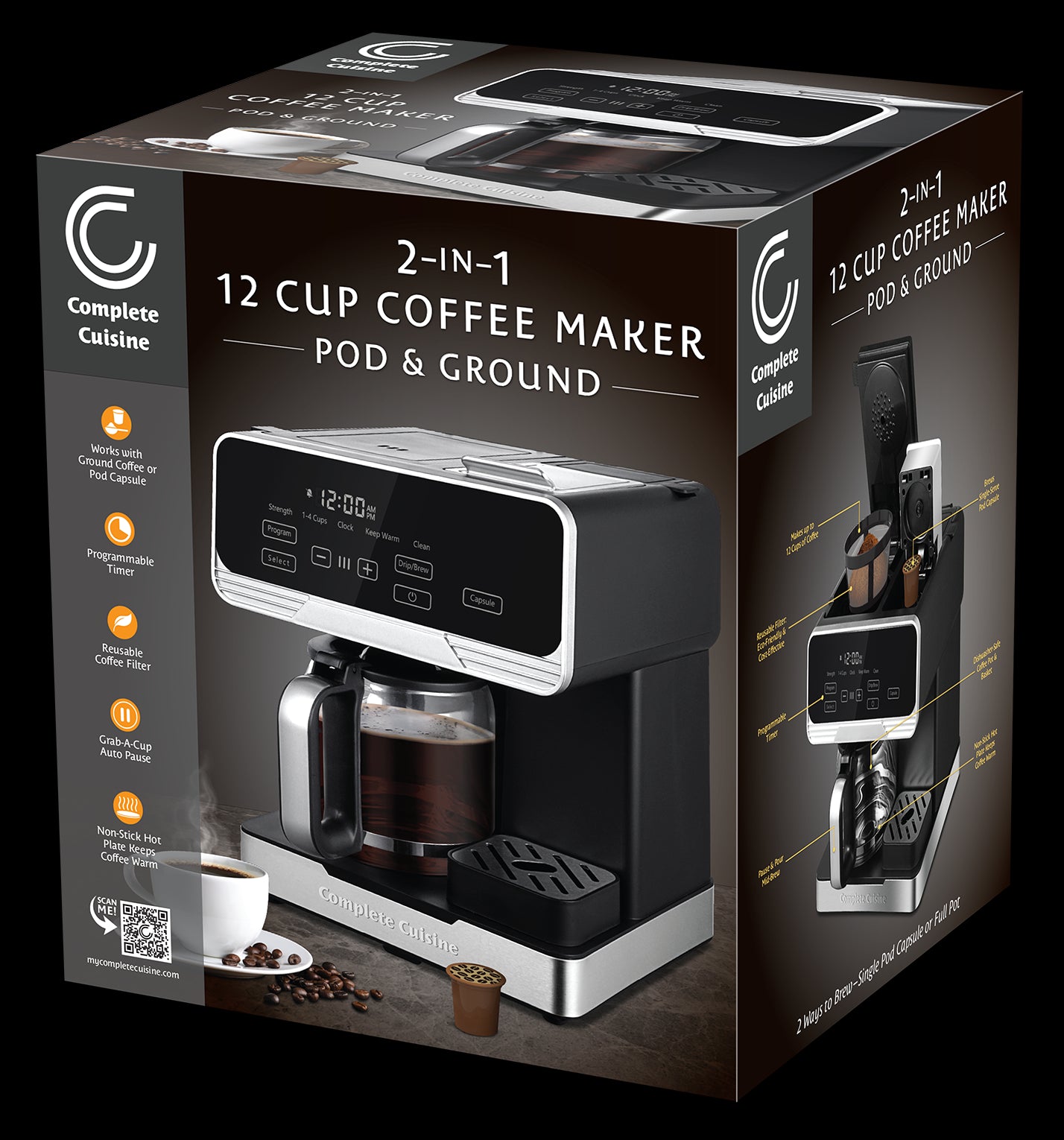 Complete Cuisine 2-in-1 Programmable 12 Cup Coffee Maker, Pod & Ground