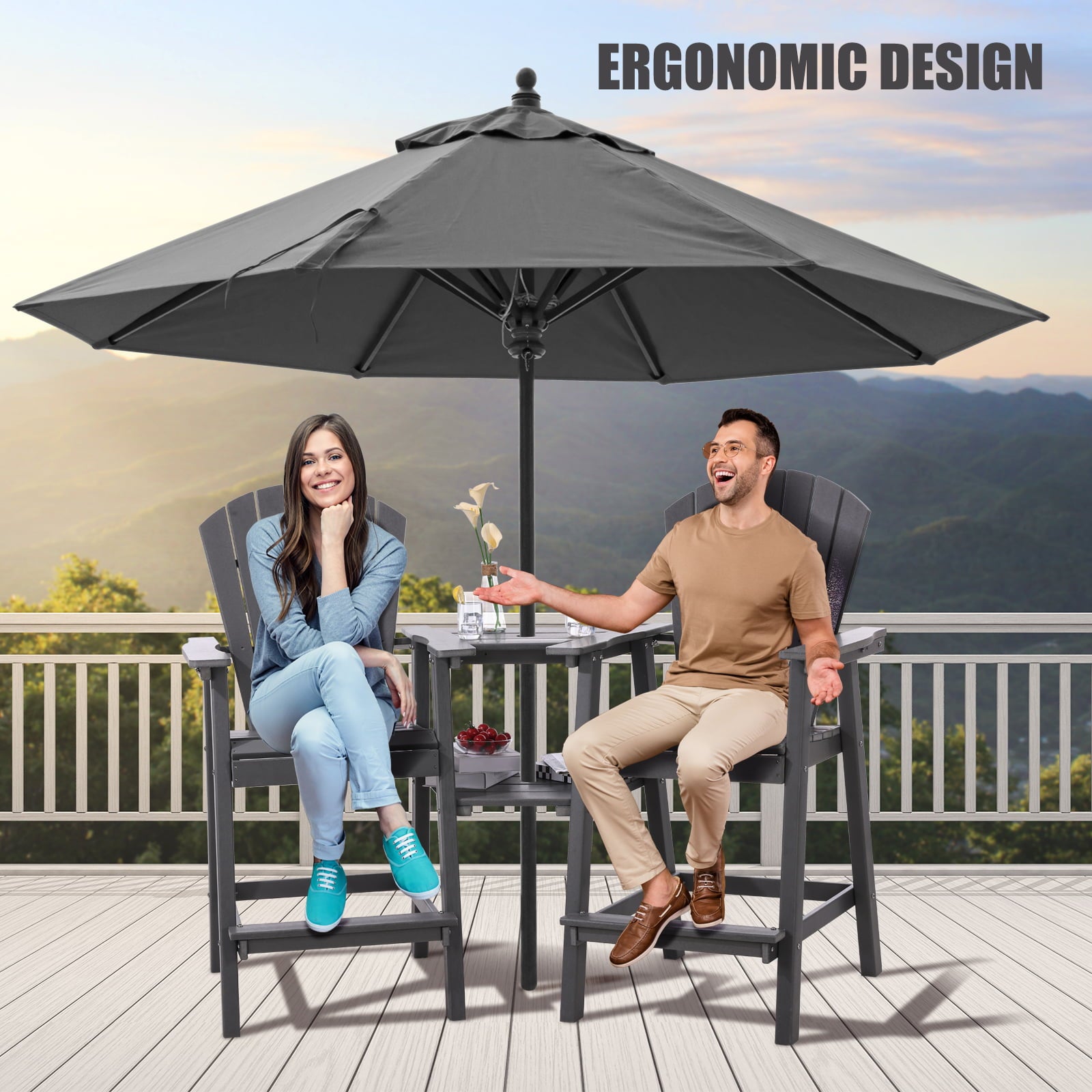 Set of 2 Tall Adirondack Chairs with Connecting Double Tables, Umbrella capable
