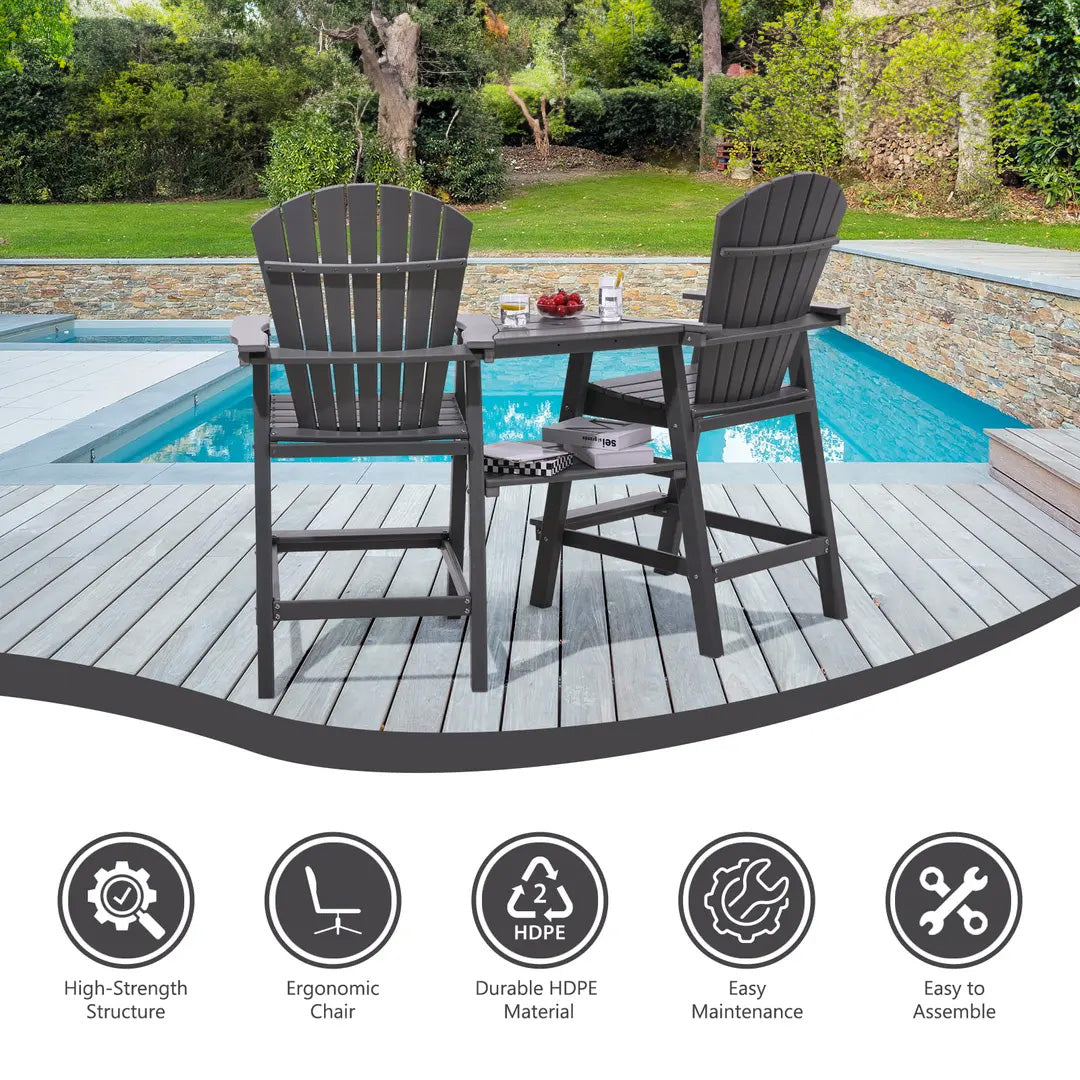 Set of 2 Tall Adirondack Chairs with Connecting Double Tables, Umbrella capable