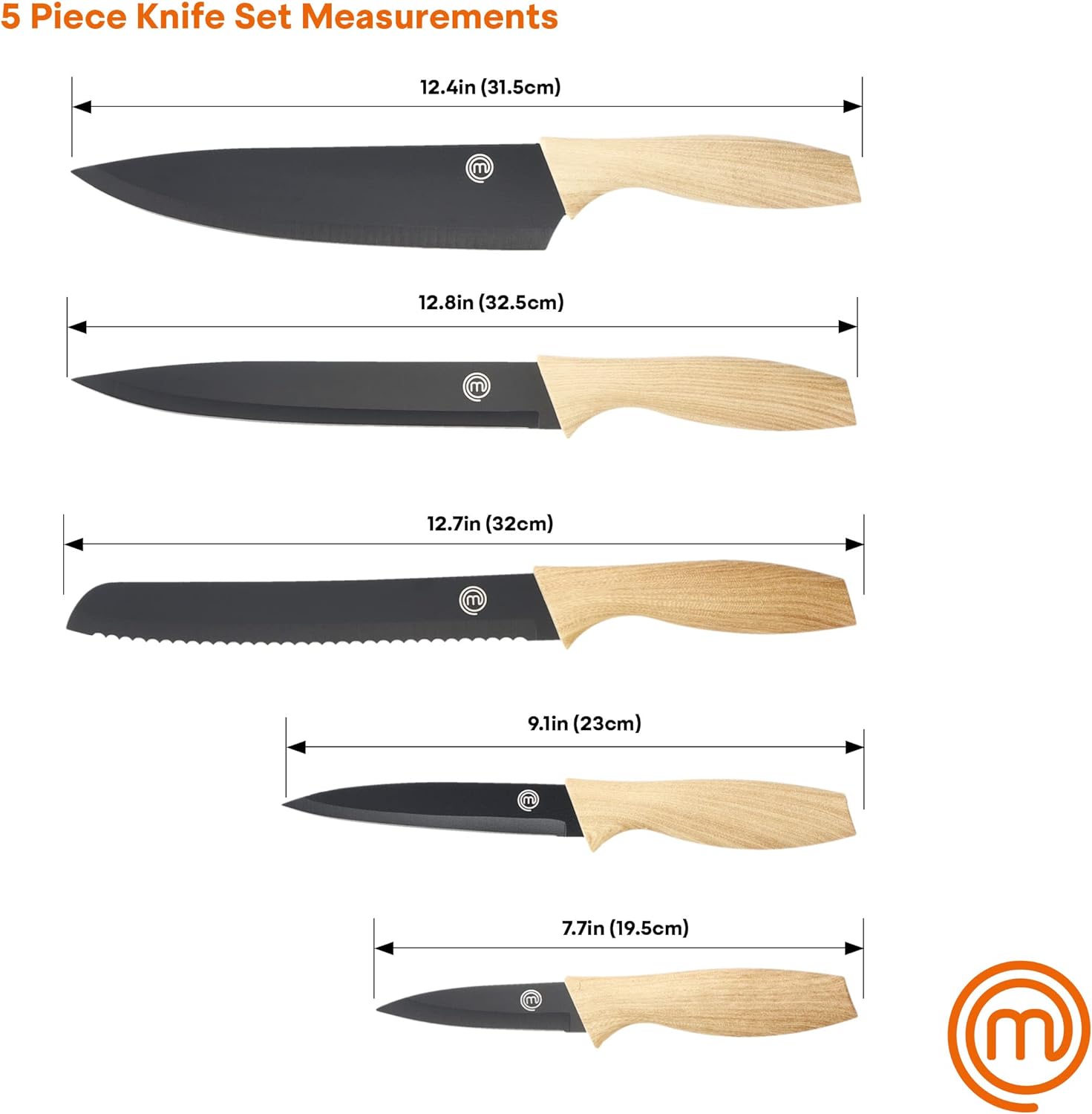 MasterChef Knife Set of 5 Kitchen Knives for Cooking with Non Stick Blades & Soft Touch Handles