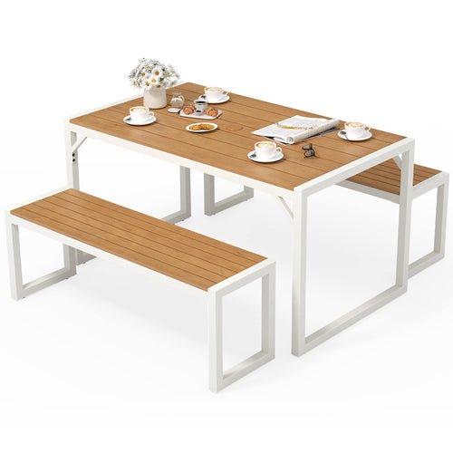 YITAHOME All-Weather Patio Dining Table and Bench with Faux Wood, for 4-6 People