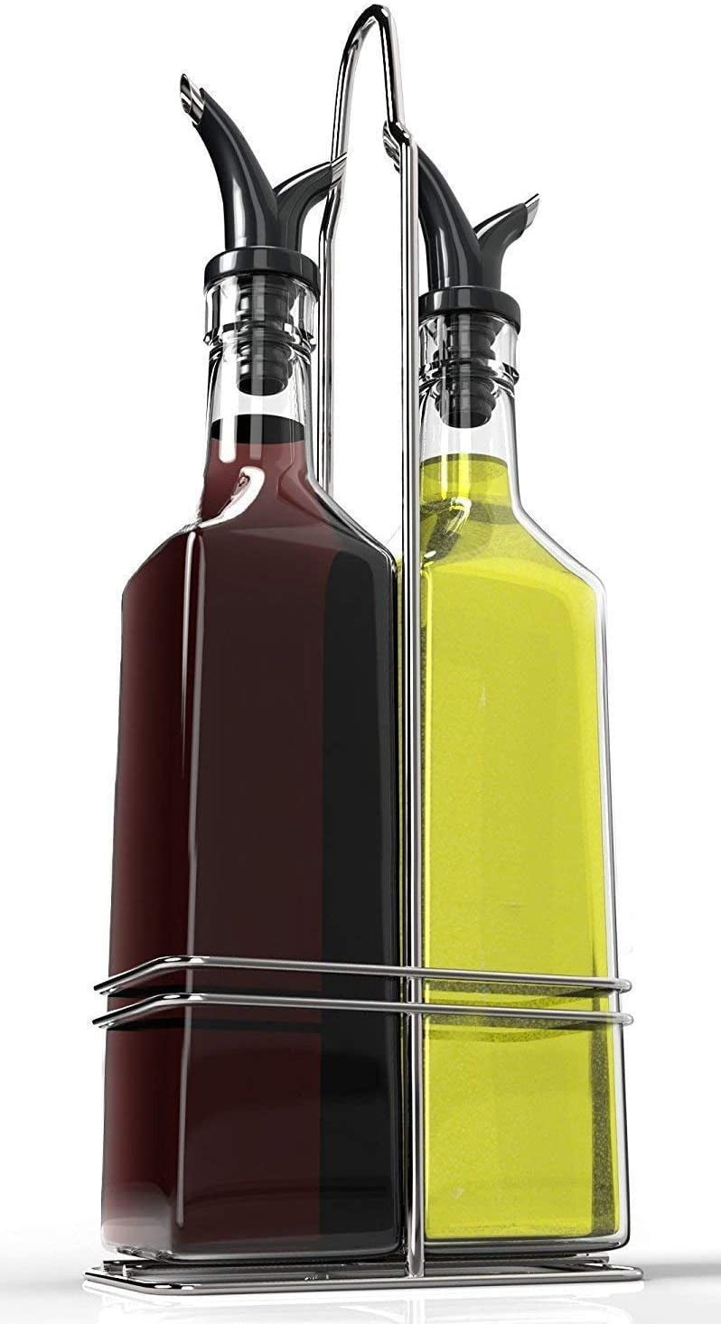 Equinox International Zeppoli Oil and Vinegar Bottle Set 17oz - Comes with Stainless Steel Rack, Removable Cork, Funnel, and Spout Caps