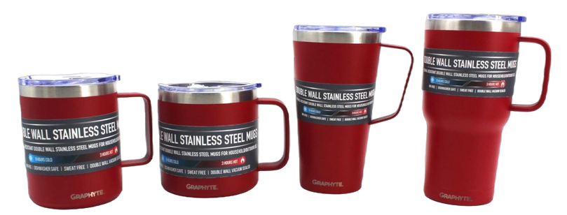 GRAPHYTE Double Wall Vacuum Insulated Stainless Steel Mugs with Handle and Slider Lid, Assorted Colors and Sizes