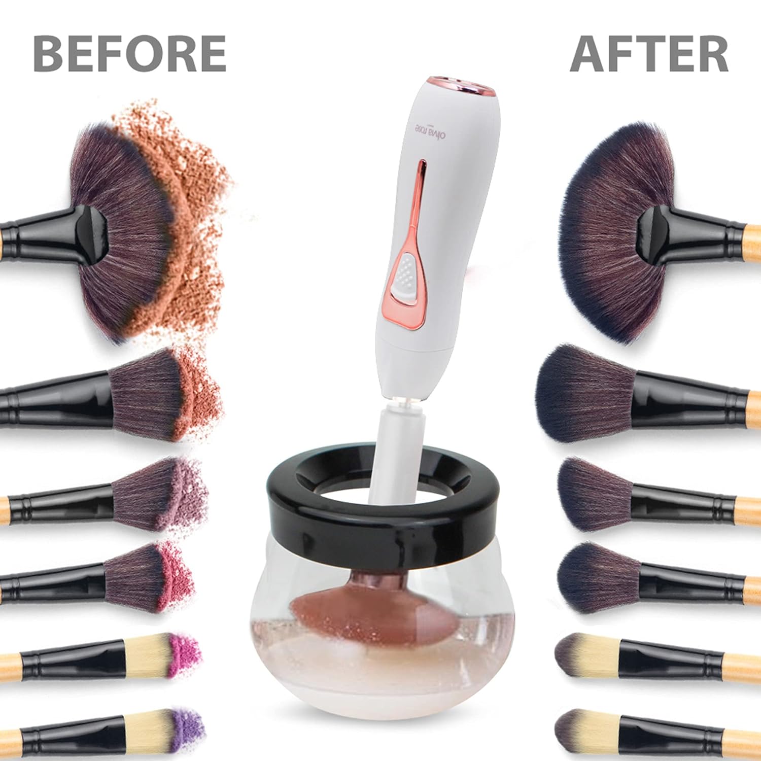 Olivia Rose Electric Makeup Brush Cleaner Spinner, Deep Cosmetic Makeup Brushes Cleaner with 8 Size Rubber Collars White/Rose Gold