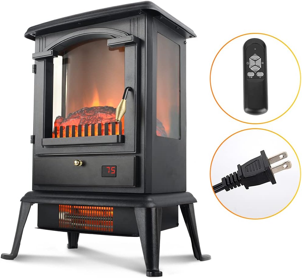 Electric Fireplace Heater with Remote, 22.4" Freestanding Portable Infrared Fireplace Heater Stove with 3-Sides Realistic Flame for Indoor Use, Overheating and Tip-Over Safety, 1000W/1500W