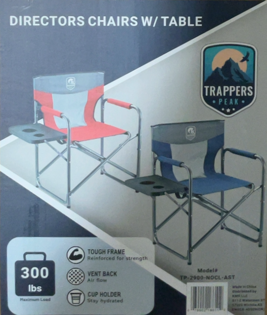 Steel Frame Directors Camping Chair w/Side Table, Supports 300 lbs - Assorted colors