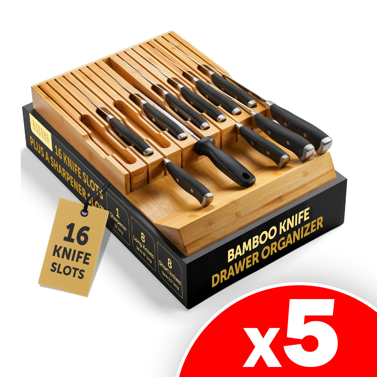 High-Grade 100% Bamboo Knife Drawer Organizer - 16 Knife Slots Plus a Sharpener Slot, 5 Pack