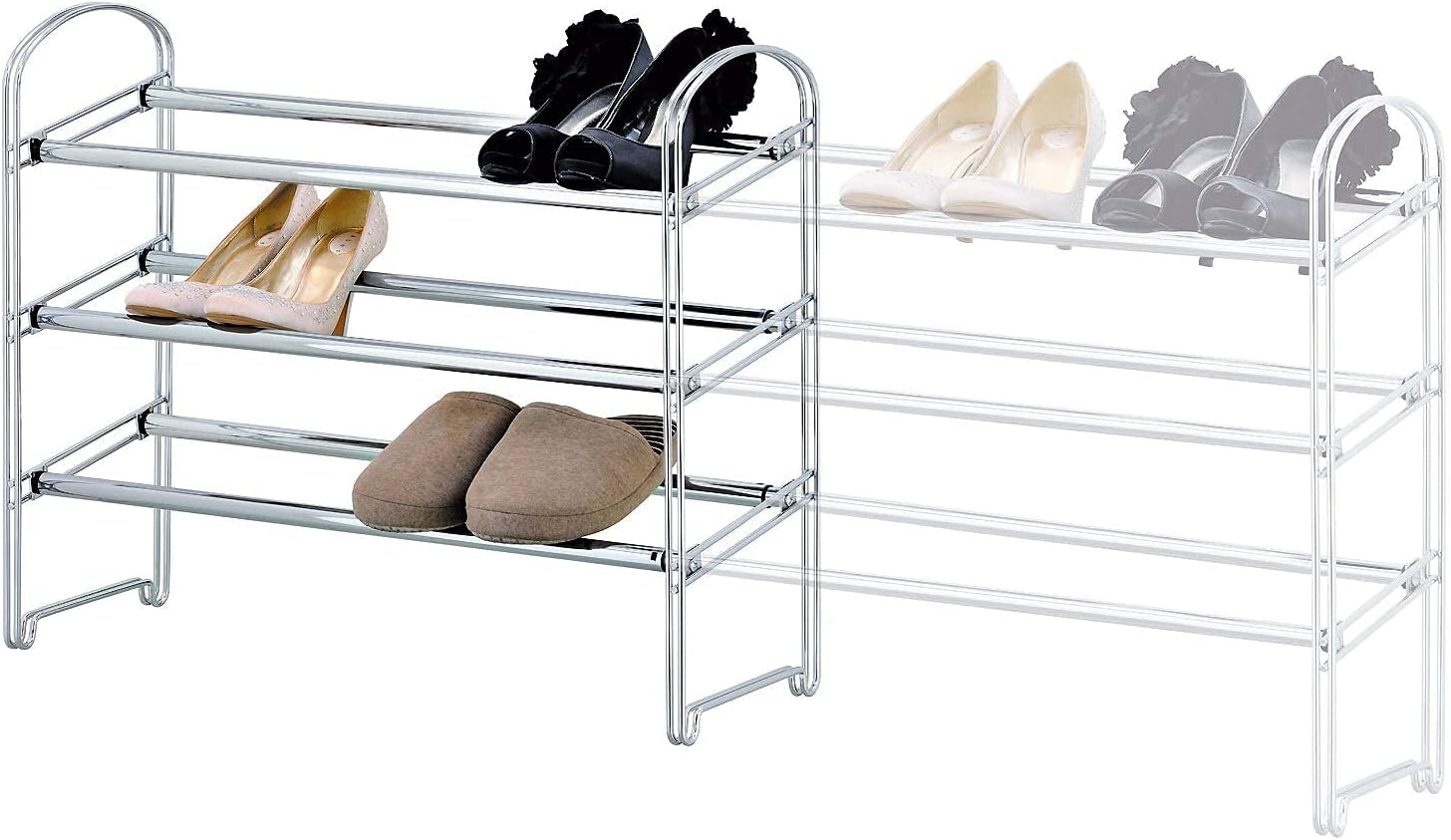 Tatkraft Maestro Heavy Duty 3 Tier Shoe Rack, Expandable Entryway Shoe Organizer, Easy to Assemble, Chrome Plated Steel 3 Tiers