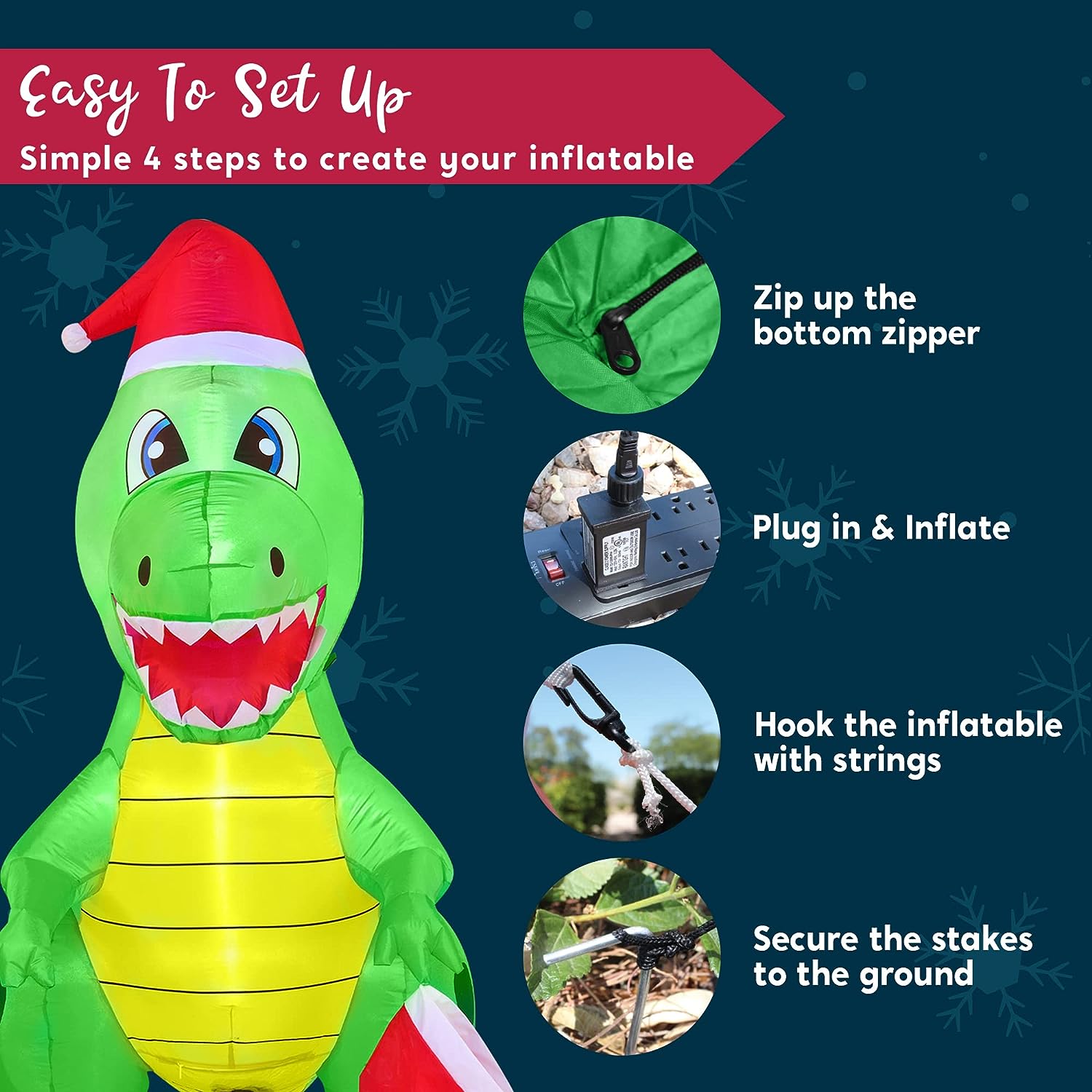 6 FT Christmas Inflatable Dinosaur, Dinosaur Holding a Christmas Stocking with Build-in LEDs, Blow Up Inflatables for Christmas Party, Outdoor, Yard, Garden, Lawn Decorations