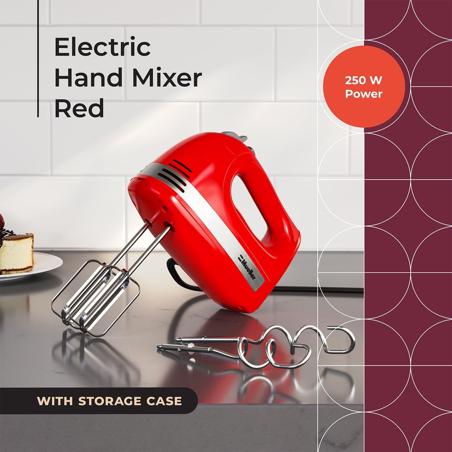 Mueller 5 Speed Electric Hand Mixer with Snap-On Case and 4 Stainless Steel Accessories