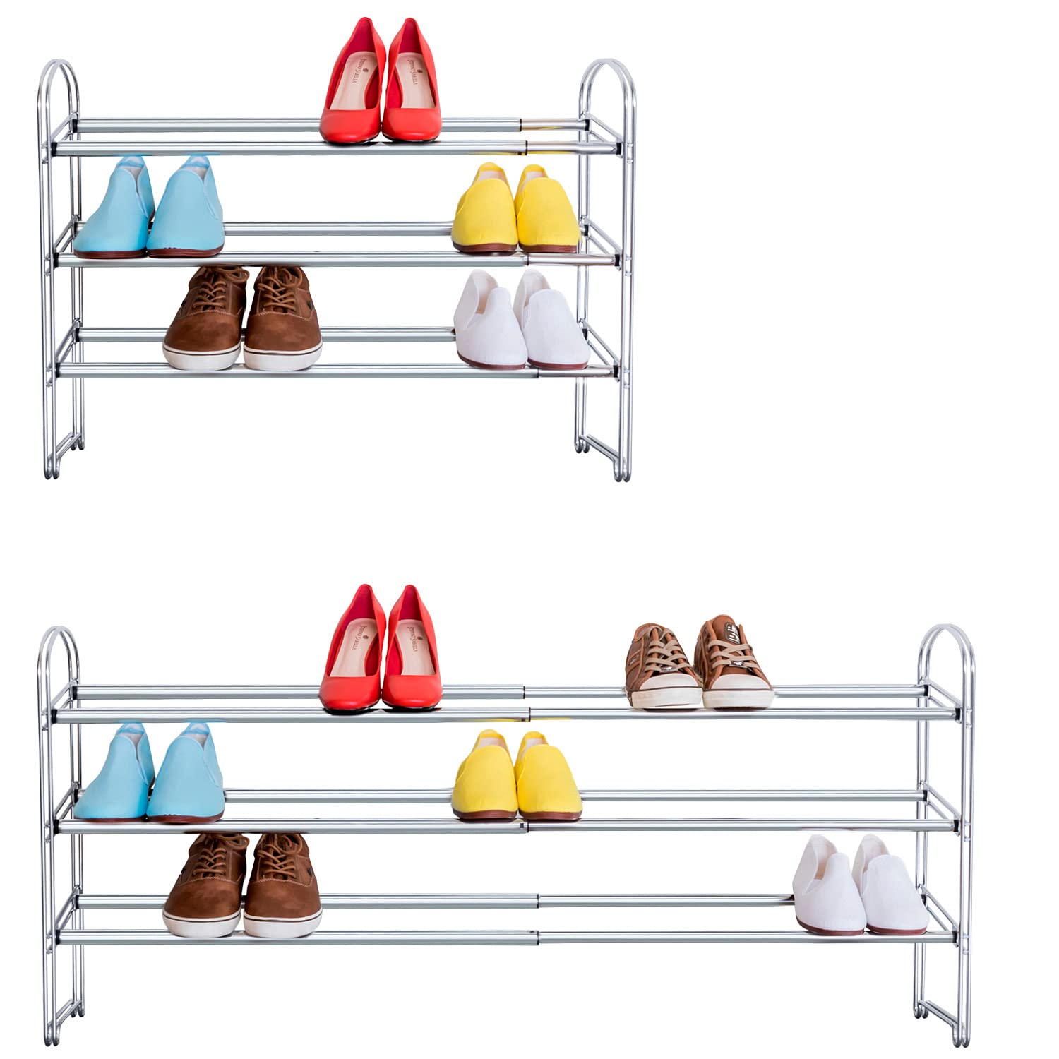 Tatkraft Maestro Heavy Duty 3 Tier Shoe Rack, Expandable Entryway Shoe Organizer, Easy to Assemble, Chrome Plated Steel 3 Tiers