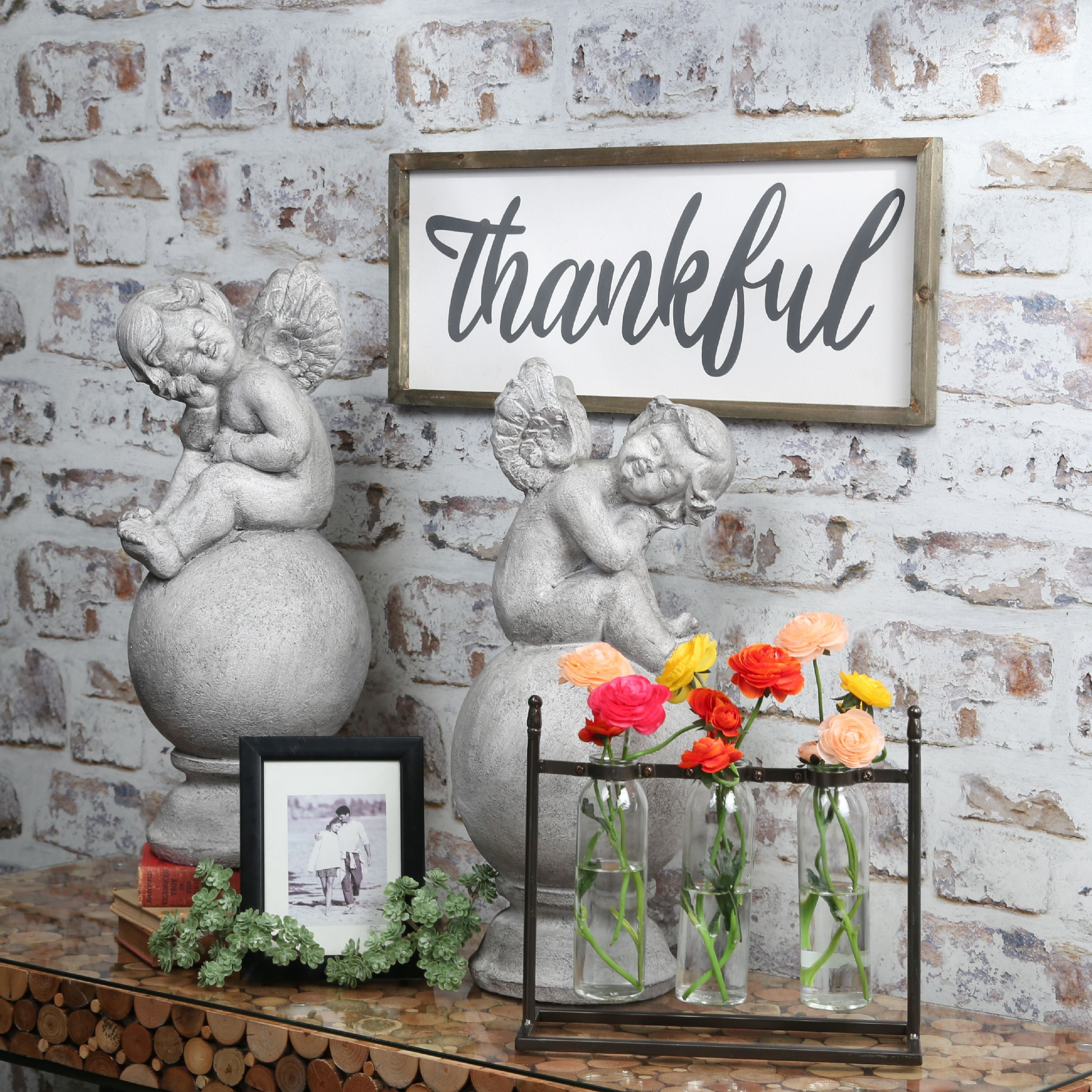 Urban Trend Urban Wood Rectangle Wall Art with Cursive Writing "THANKFUL" on Sage Color Frame and Metal Back Hangers Painted Finish White