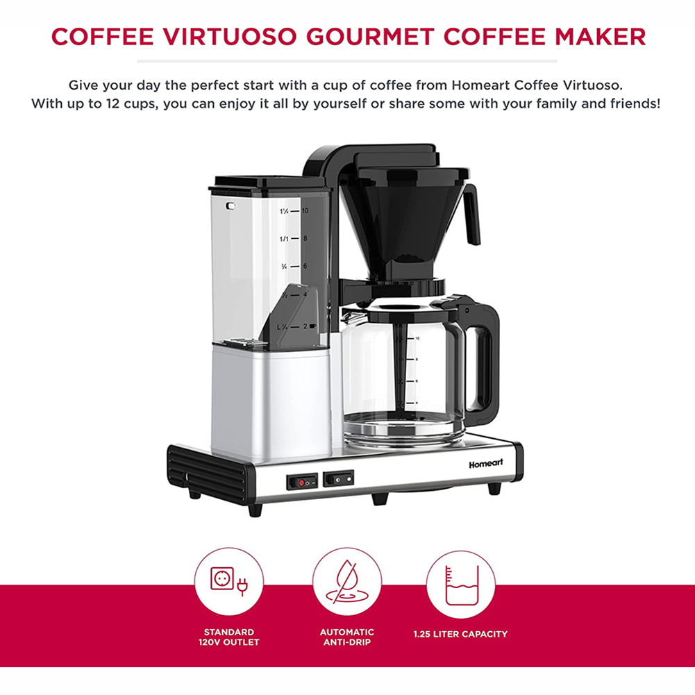 Homeart Coffee Virtuoso Gourmet Coffee Maker with Automatic Anti Drip, Auto Shut-Off & Removable Filter Holder, Makes 12 Cups - Chrome