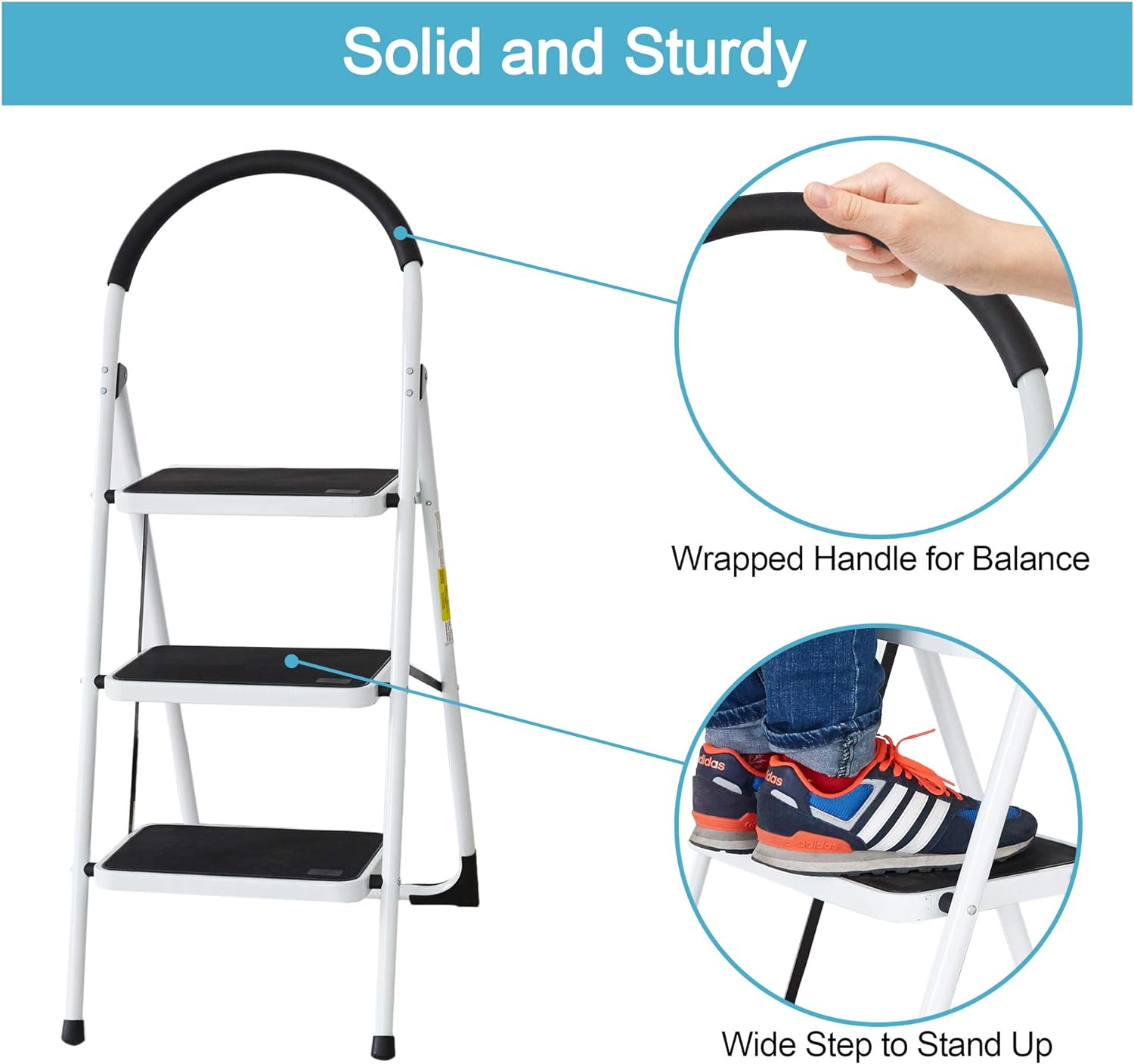 Neat-Living 3 Step Ladder Folding Step Stool with Grips Sturdy Step Stool with Wide Pedal 330 Lbs Capacity