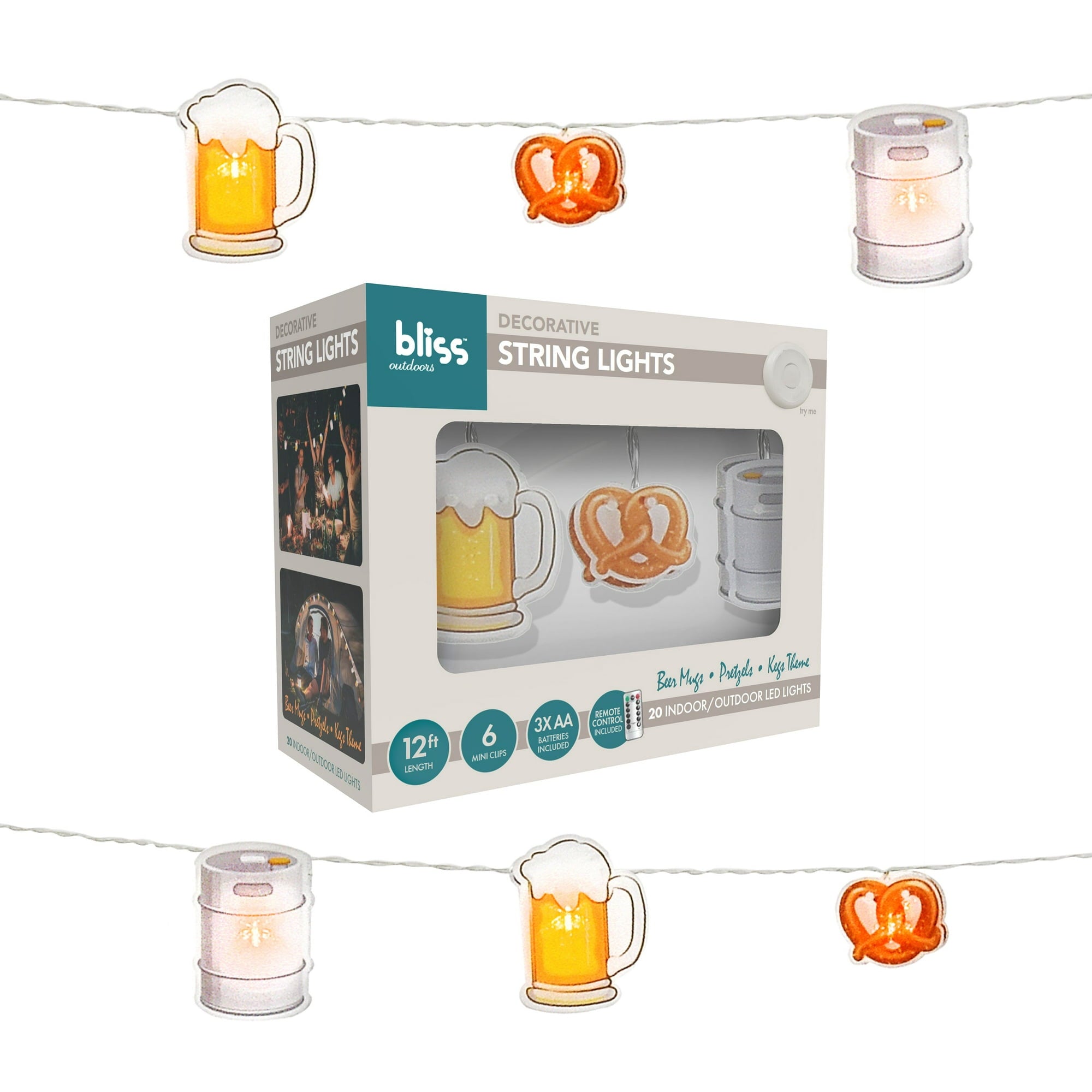 Bliss Hammocks Bliss Outdoors BSL-300-BKP 12 Ft Themed String Lights w/ Hanging Clips, 20 LEDs & Remote, Camping, Backyard, Garden, Balcony Parties, Battery Operated , 8 Lighting Modes (Beer & Pretzel)