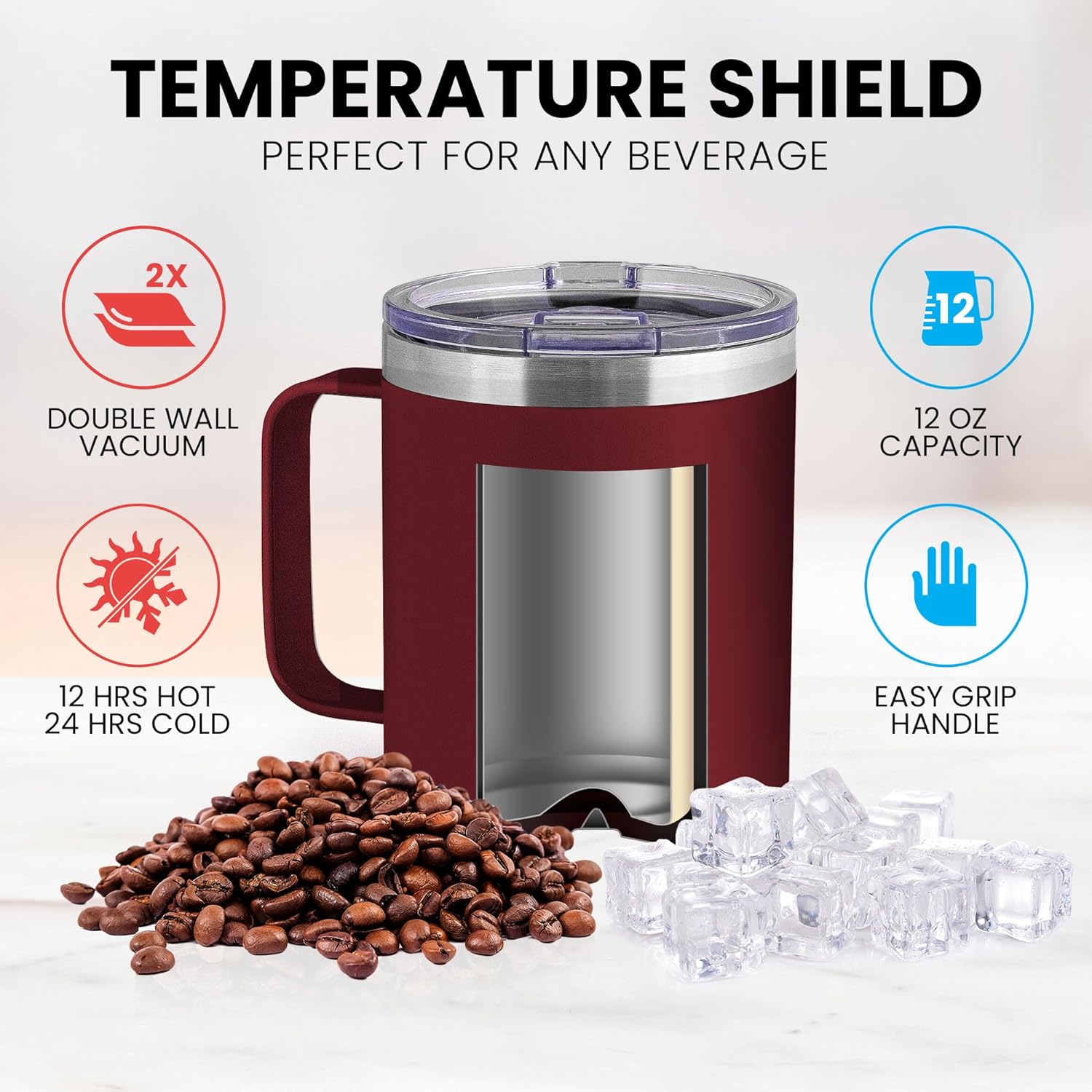 Zulay 14 oz Insulated Coffee Mug with Lid - Stainless Steel Camping Mug Tumbler with Handle - Double Wall Vacuum Duracoated Insulated Mug For Travel, Camping, Office, Outdoor Plum 14 oz with handle