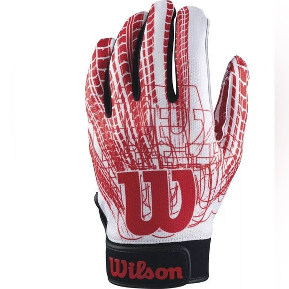 Wilson Youth Red and White Adjustable Wrist Strap Super Grip Football Gloves, Size Large