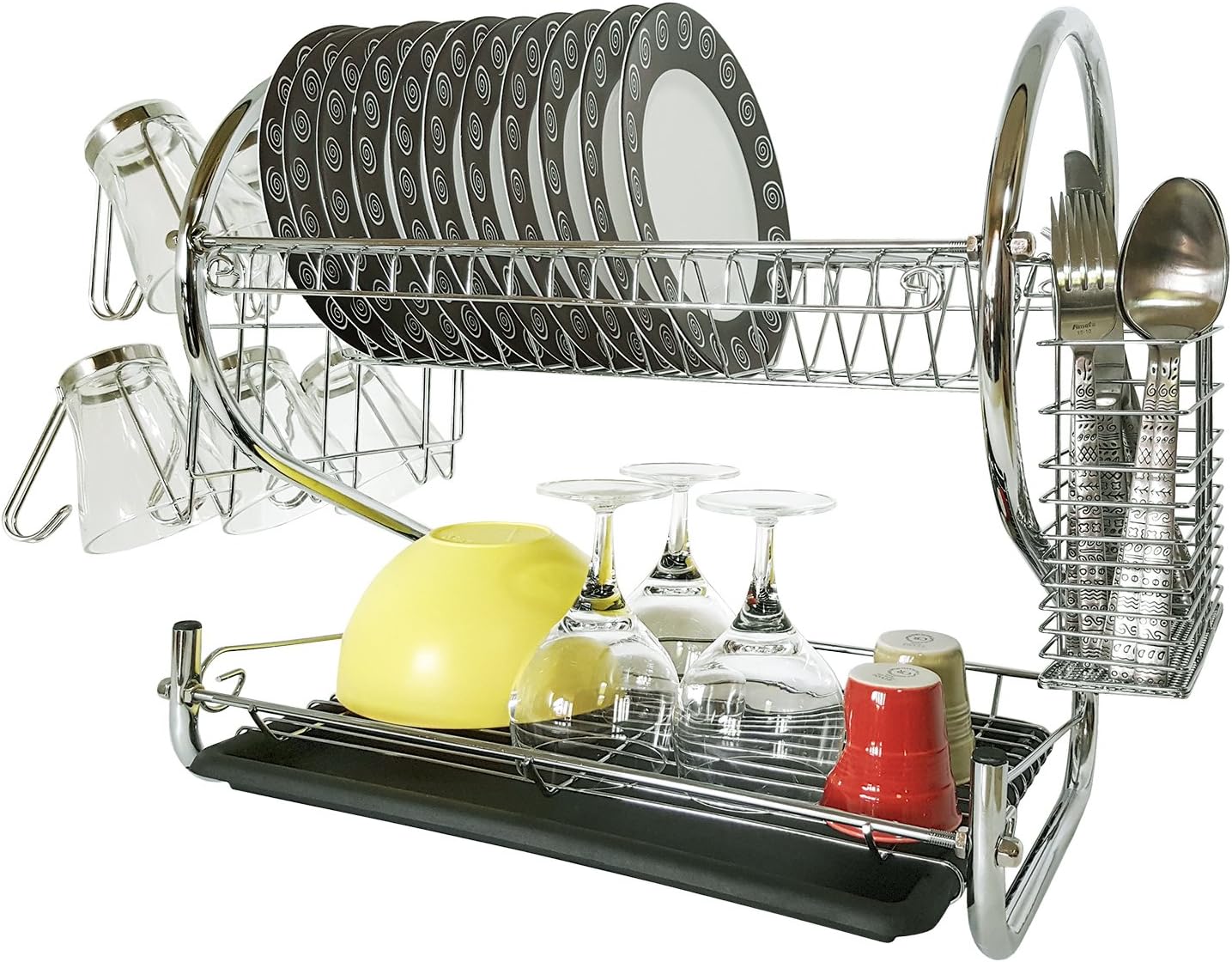 Tatkraft Helga 2-Tier Dish Drying Rack, Drainer with Drainboard for Kitchen Counter, Mug and Utensil Holder, Chrome-Plated, Easy Assembly