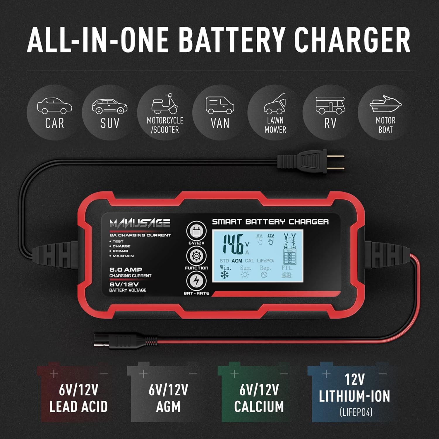 Manusage 8-Amp Fully-Automatic Smart Charger, 6V and 12V Portable Automotive Car Battery Charger, Battery Maintainer, Trickle Charger,Battery Desulfator with Temperature Compensation, AGM,Deep Cycle 4A/8A Charging Current, 6V/12V DC Output