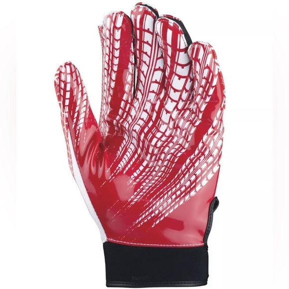Wilson Youth Red and White Adjustable Wrist Strap Super Grip Football Gloves, Size Large