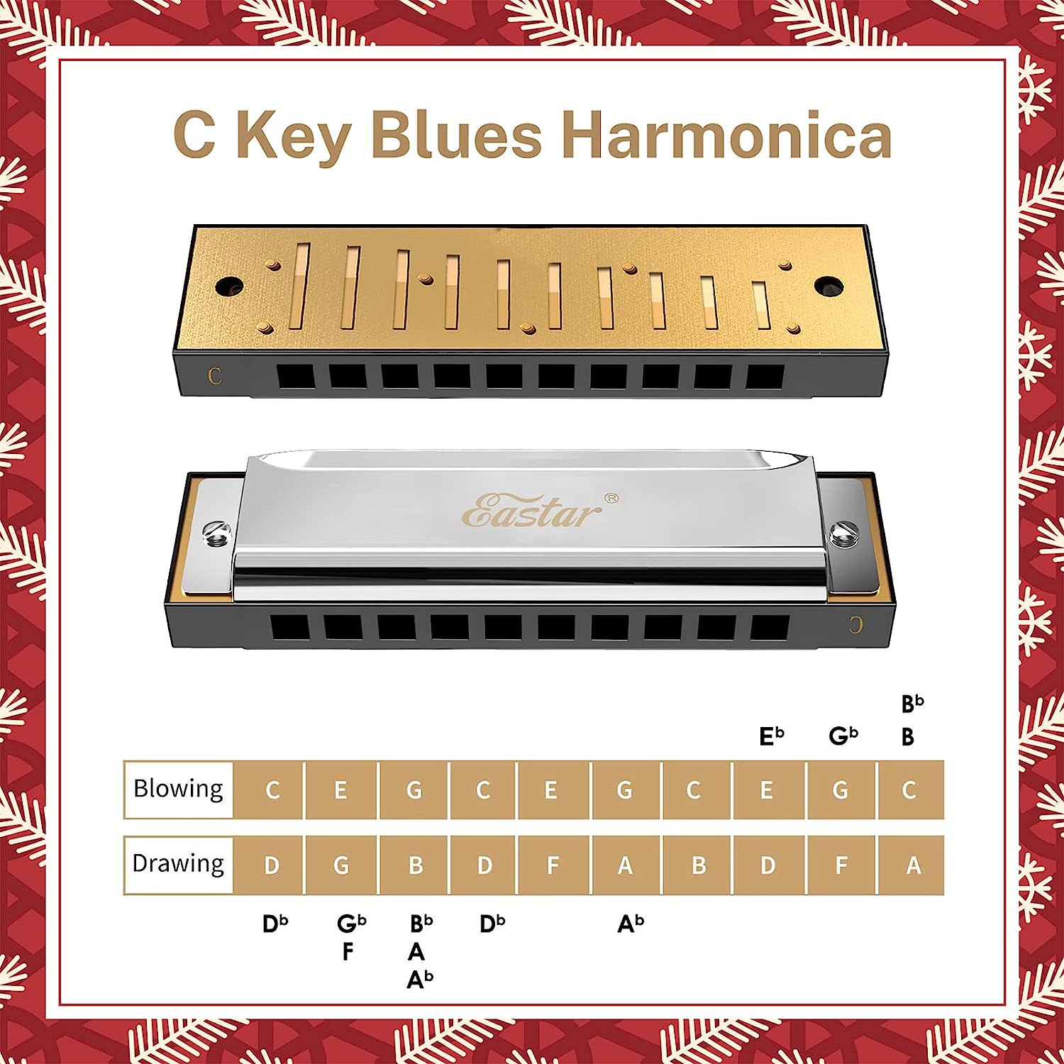 Eastar Major Blues Harmonica Sets 7 Keys Diatonic Harmonica in Key of C D E F G A Bb for Adults, Beginners, Students, and Kids.  7-Pack with Carrying Case & Cleaning Cloth.  Nickel