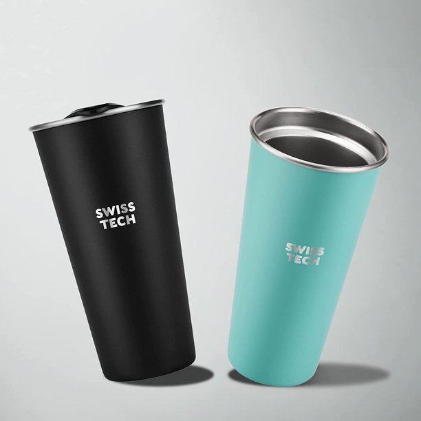 Swiss+Tech 16oz Stainless Steel Cups with lids, 2 Pack Double Wall Pint Cups, Insulated Tumbler with Lid, Unbreakable Durable Cups (Black & Turquoise)