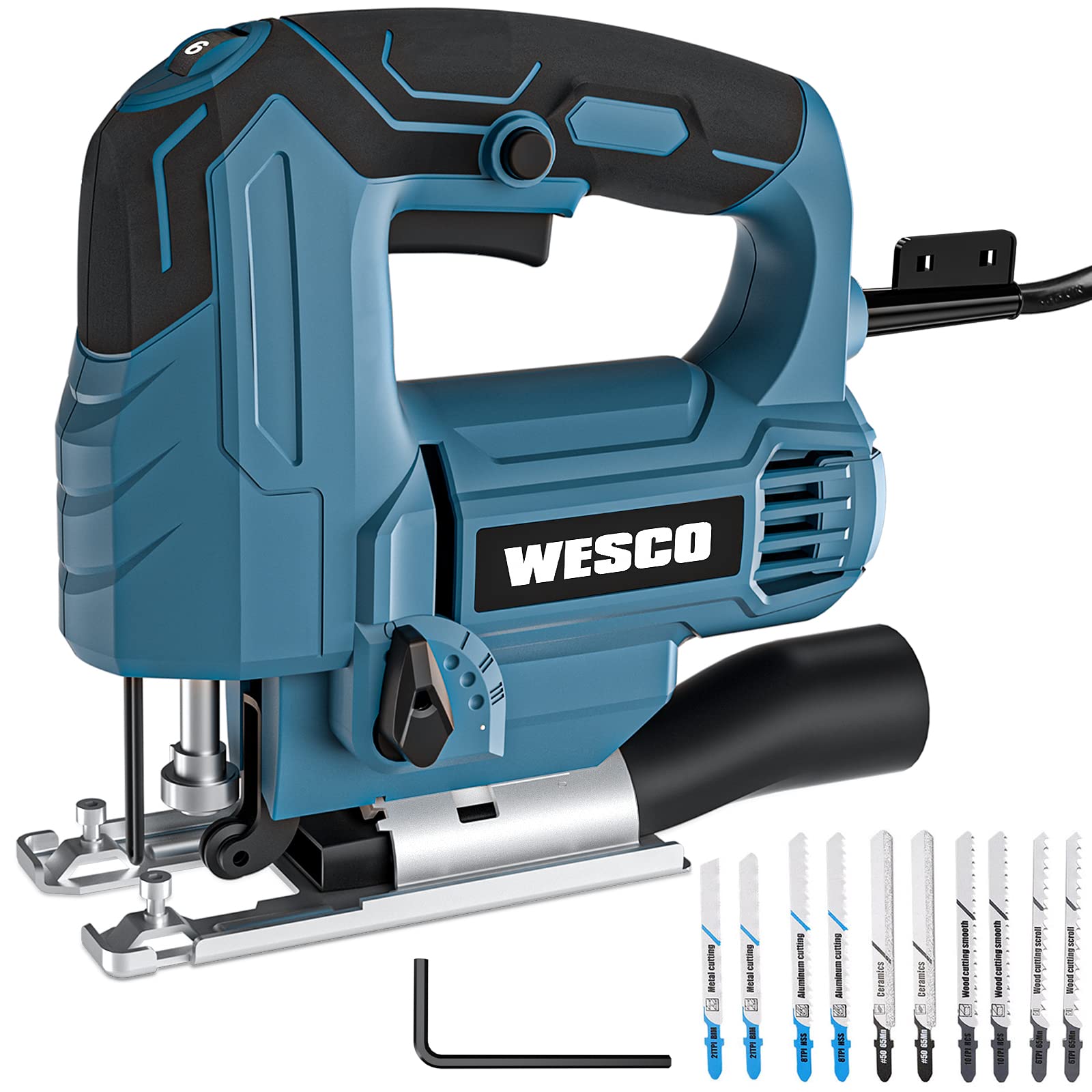 WESCO 4.5Amp Electric Jig Saw Tool with 6 Variable Speeds, 4 Orbital Sets, 45 Bevel Cutting, Max Cutting Depth 2-1/2inch, 0-3000SPM, with 10PCS Blades for Metal PVC Ceramic Wood Cutting