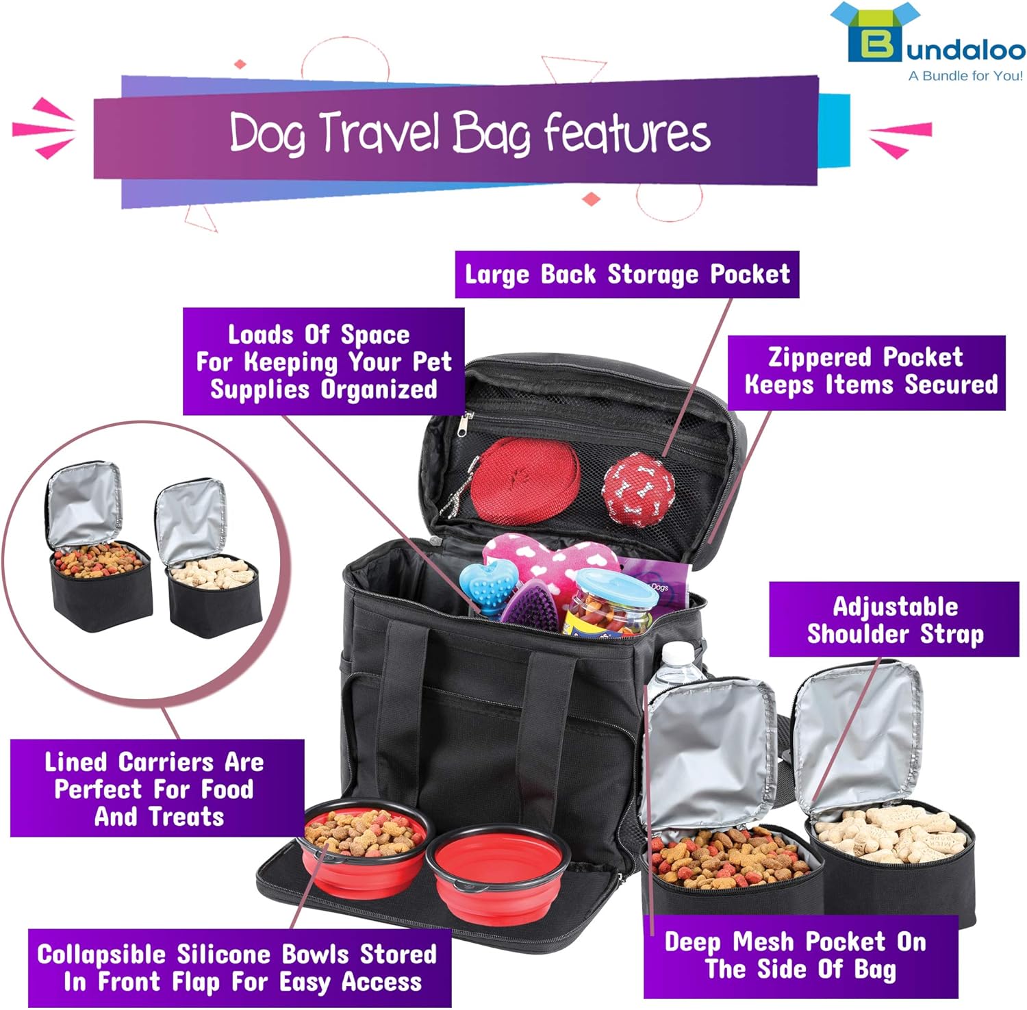 Bundaloo Dog Travel Bag Accessories Supplies Organizer 5-Piece Set with Shoulder Strap
