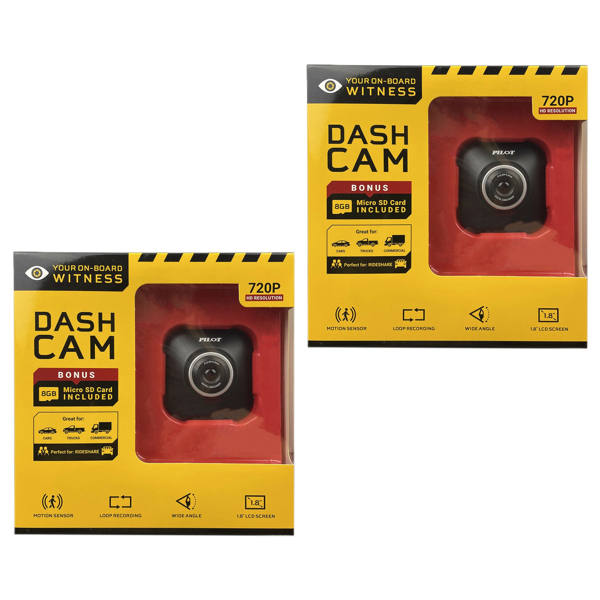 Pilot Vehicle Dash cam - 720p Camera w/8GB Memory Card - Universal Window Mount, 2 Pack
