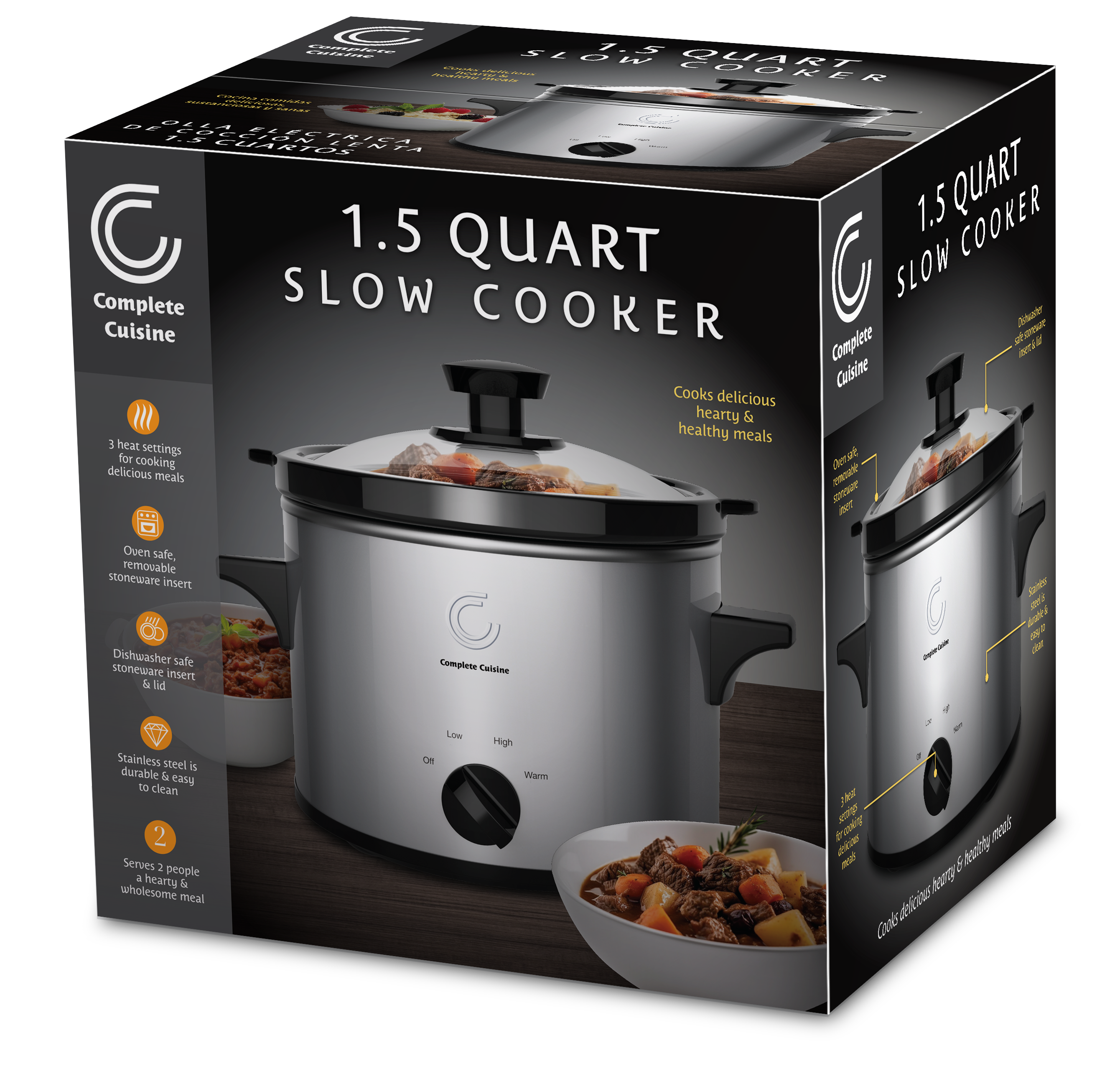 Complete Cuisine  Gourmet Slow Cooker with Adjustable Temp, Entrees, Sauces, Stews & Dips, Dishwasher Safe Glass Lid & Crock, 1.5 Quart, Stainless Steel