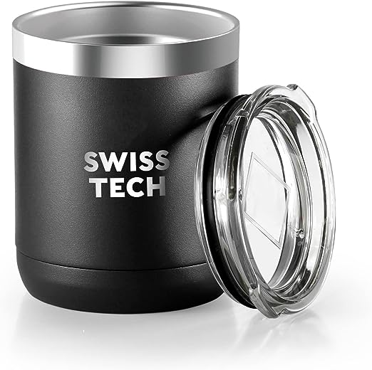 Swiss+Tech 10 oz Tumbler Double Wall Vacuum Insulated Tumbler, Stainless Steel Tumbler with Lid, Corrosion Resistant, BPA Free (Black)
