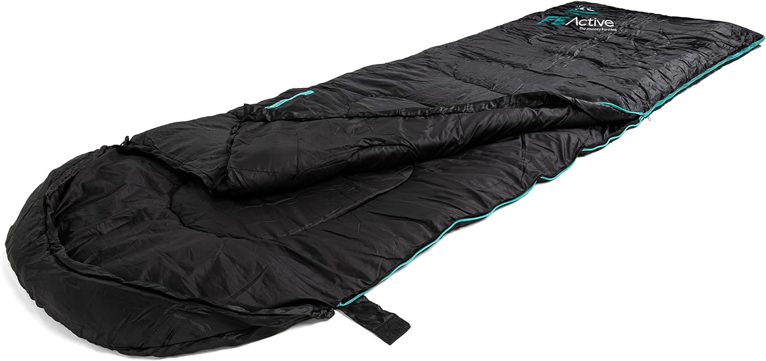 FE Hooded Active Camping Sleeping Bag - 4 Seasons, Extra Long & Lightweight