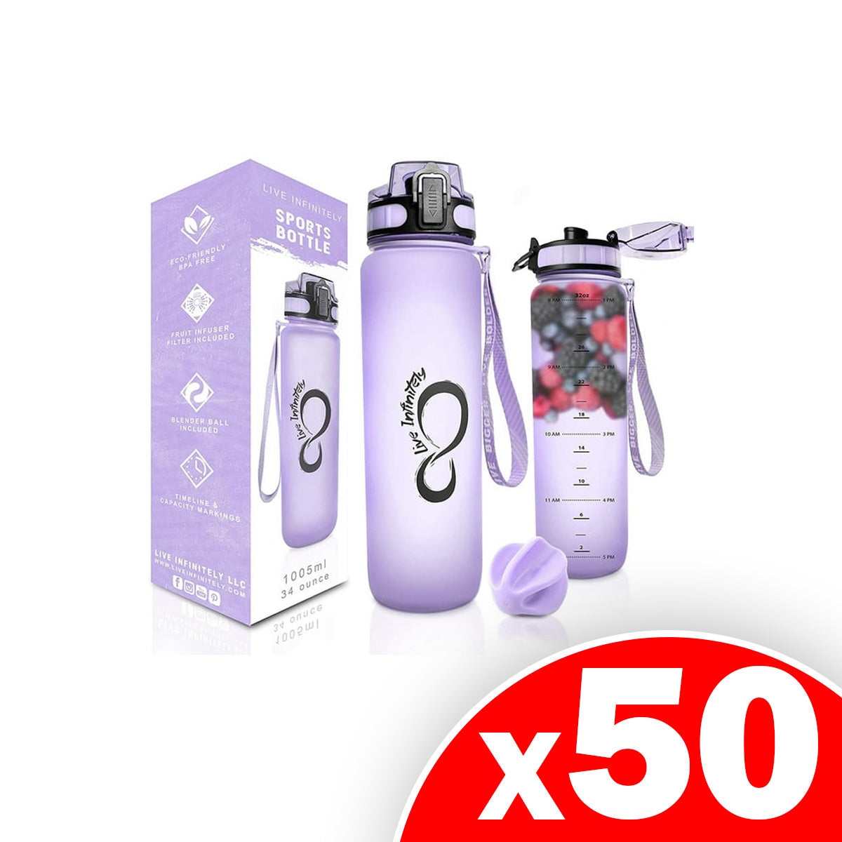 Live Infinitely Gym Water Bottle with Time Marker Fruit Infuser and Shaker 34 Oz Lilac, 50 Pack