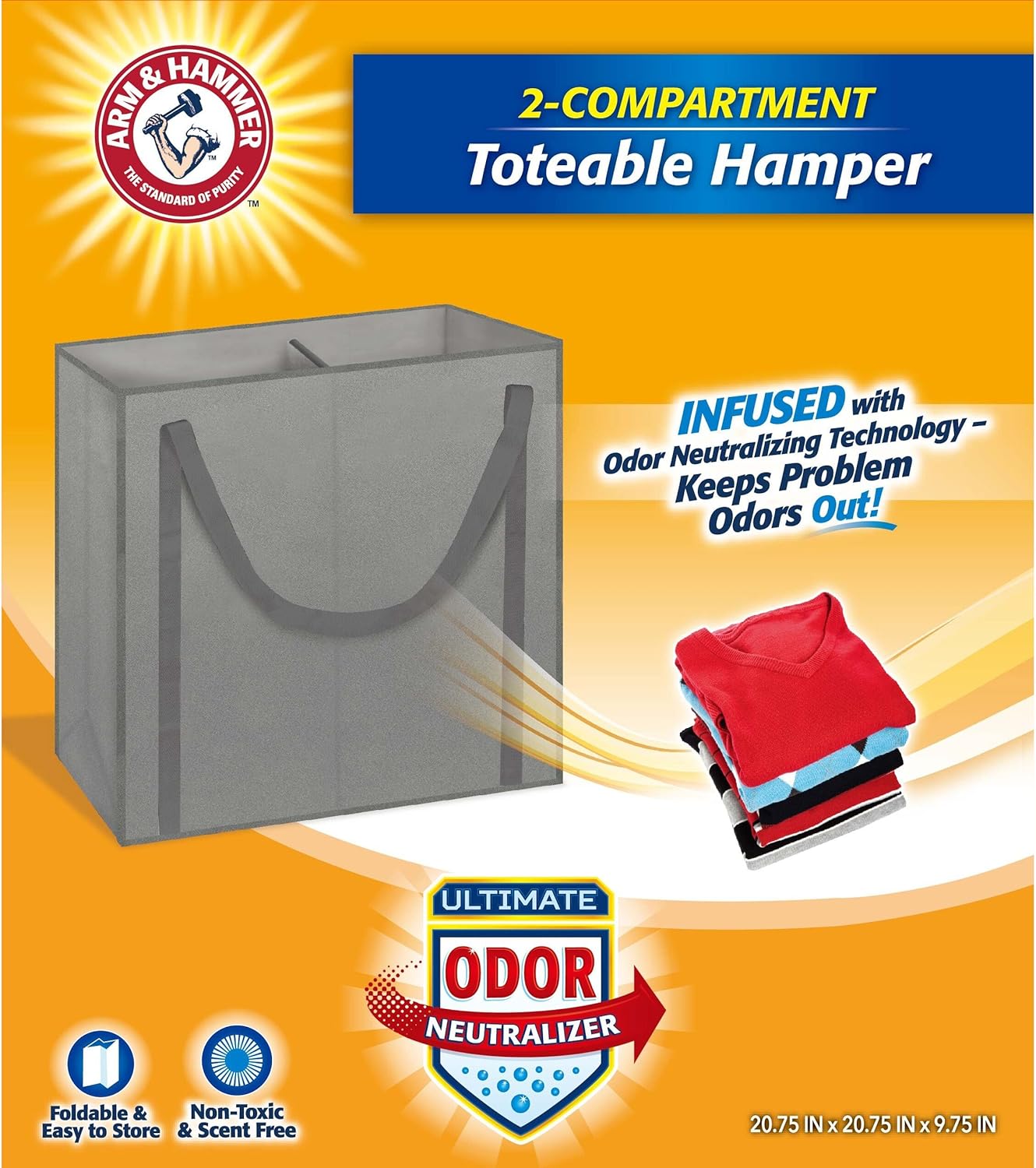Arm & Hammer 48115, 2 Compartment Laundry Hamper Tote, Grey