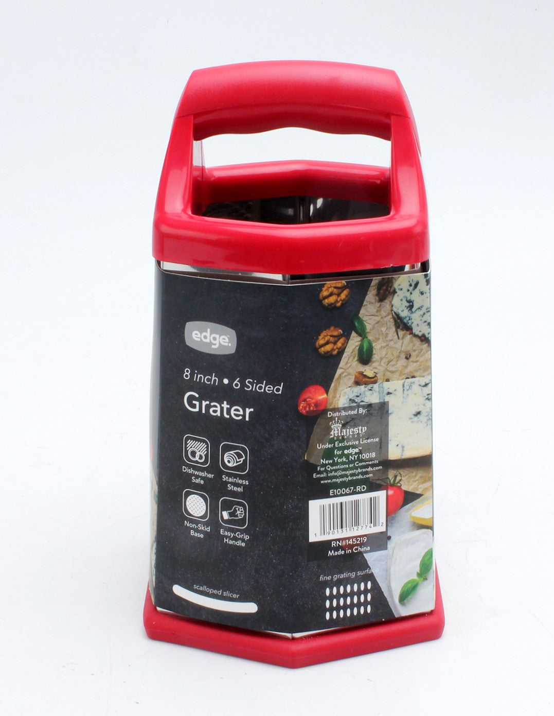 Edge Stainless Steel 6 Sided Grater with Silicone Non Skid Base and TPR Handles, Red