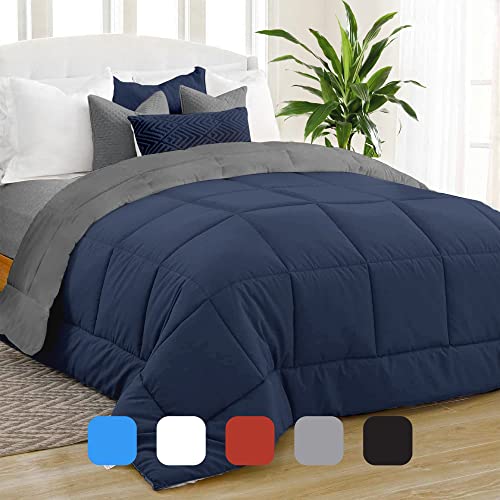 Equinox International, Two Way Cotton All-Season Navy Blue/Charcoal Grey Quilted Comforter - Goose Down Alternative - Reversible Duvet Insert Set - Microfiber Fill (350 GSM) (Queen 88 x 88 Inches)