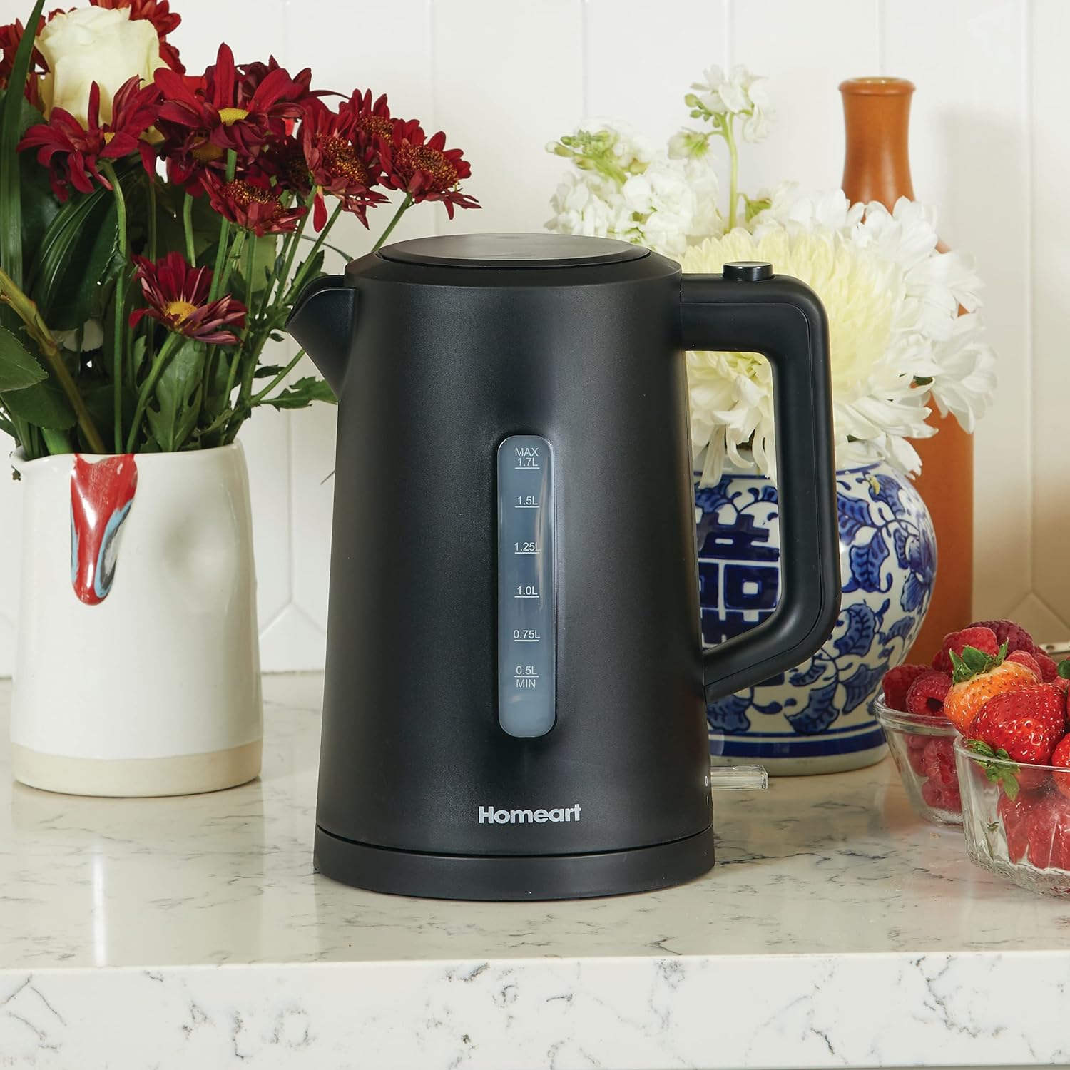 Homeart Staple Cordless Electric Kettle Stainless Steel With Removable Filter and 2-Slice Toaster Stainless Steel With Removable Crumb Tray Combo, Black