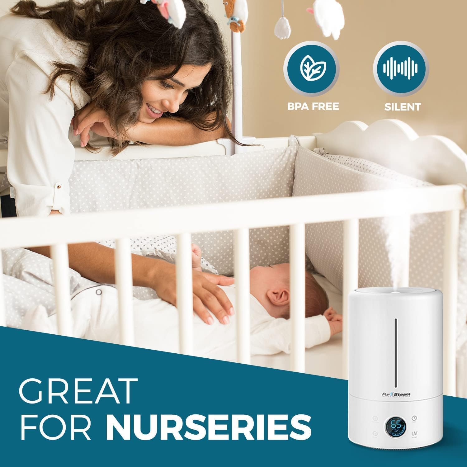 PurSteam Whisper-Quiet 5L Cool Mist Ultrasonic Humidifier for Large Rooms with Oil Diffuser & Auto Shut-Off, Humidifies up to 20 Hours